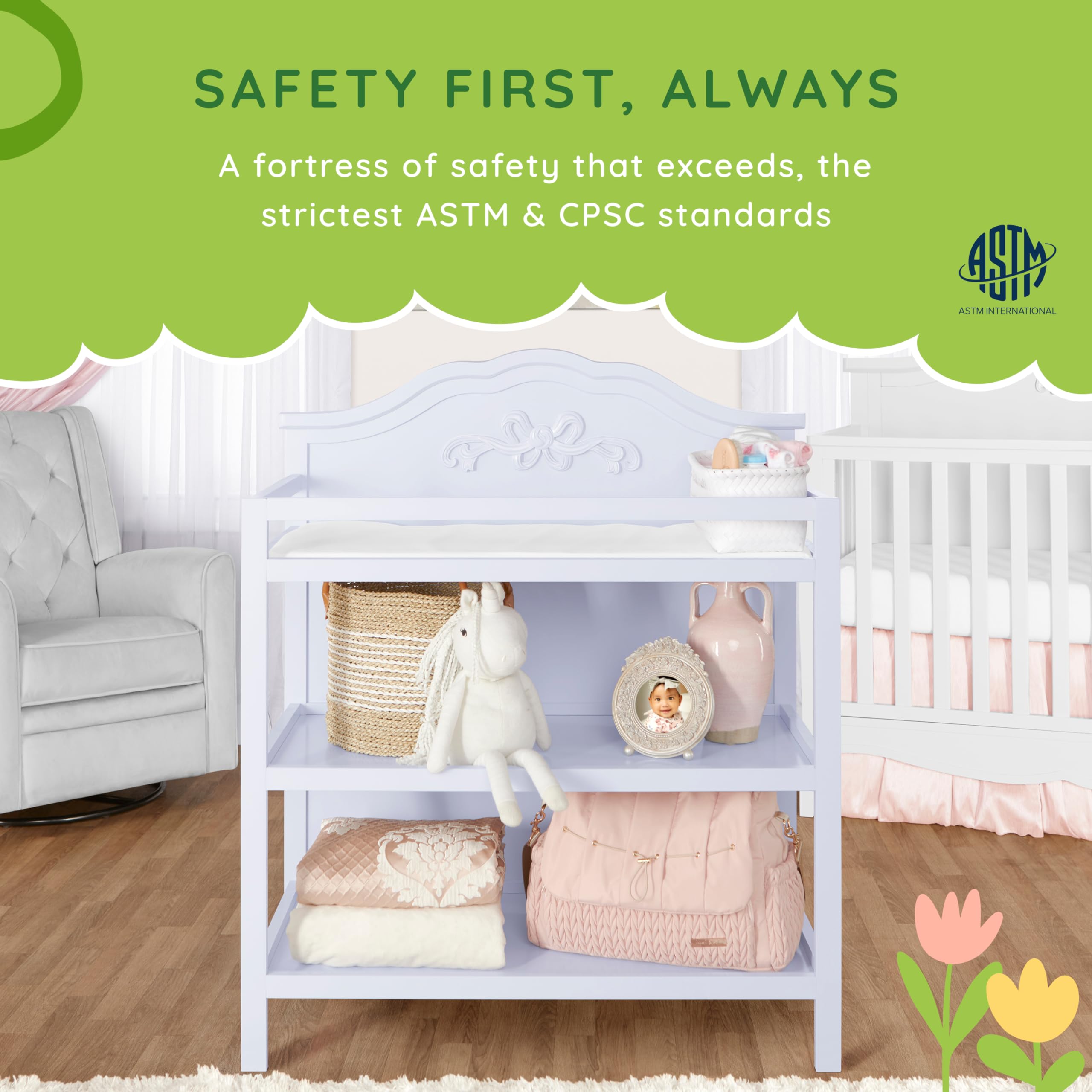 Lavender Jasmine Baby Changing Table with Fixed Shelves, 1