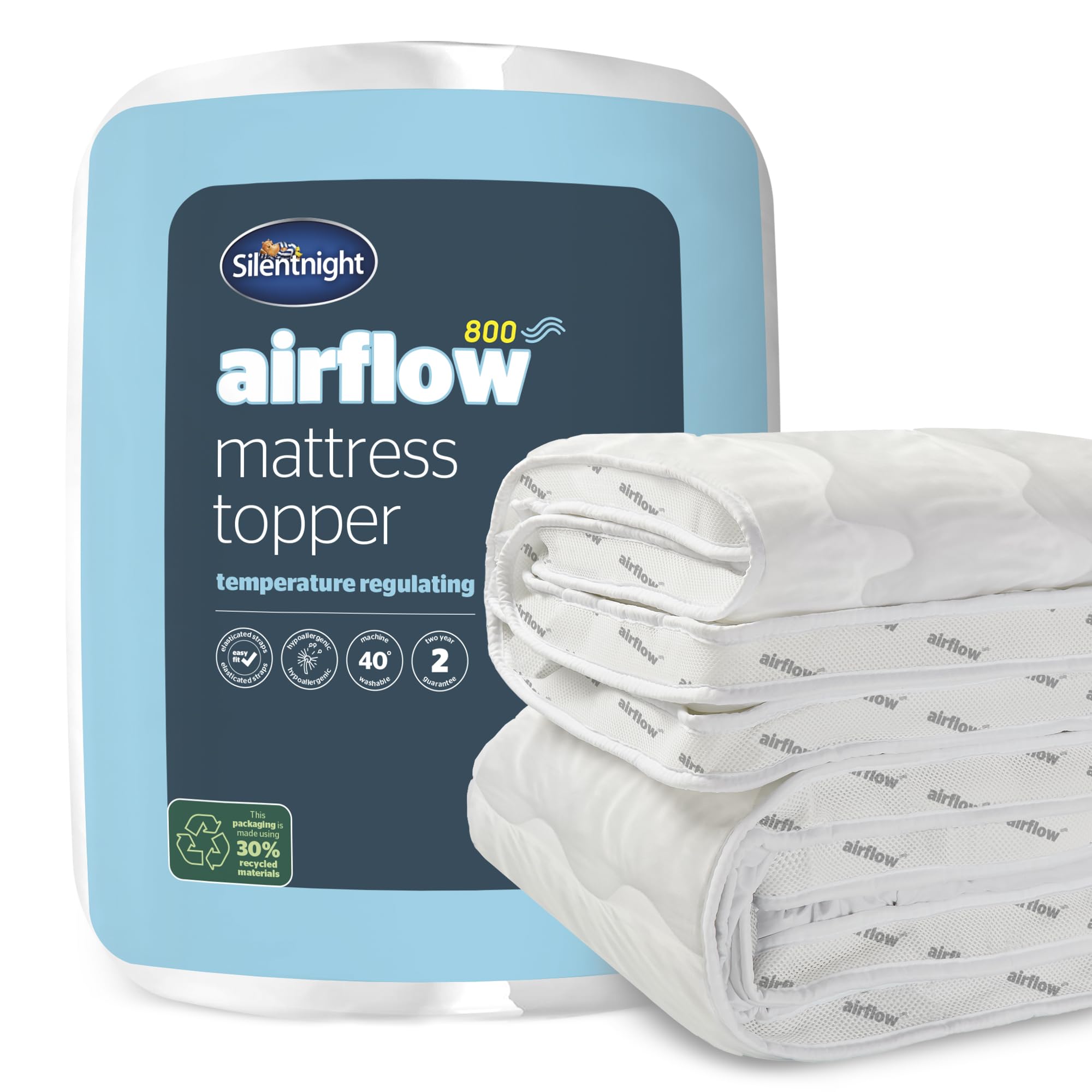 Silentnight Airflow 800 Double Mattress Topper - 8cm Extra Thick Cooling Mattress Pad with Deep Fitted Design, Breathable Mesh Sides & Elastic Straps - Double Size 190x135cm (75x53in) - White - Perfect for Hot Sleepers & Pressure Relief