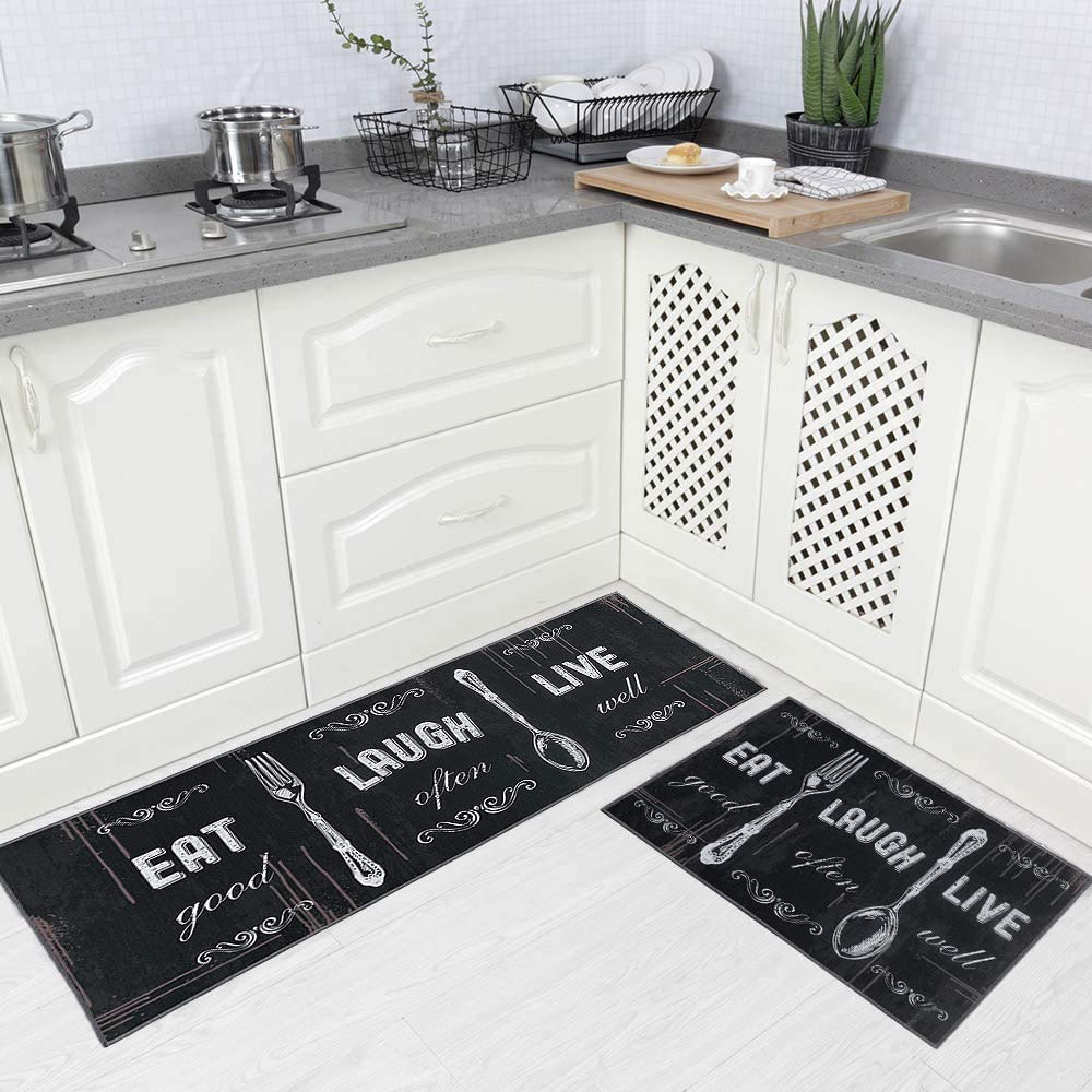**Carvapet 2-Piece Non-Slip Kitchen Rug Set with Motto Design - Black/Dark Grey (17