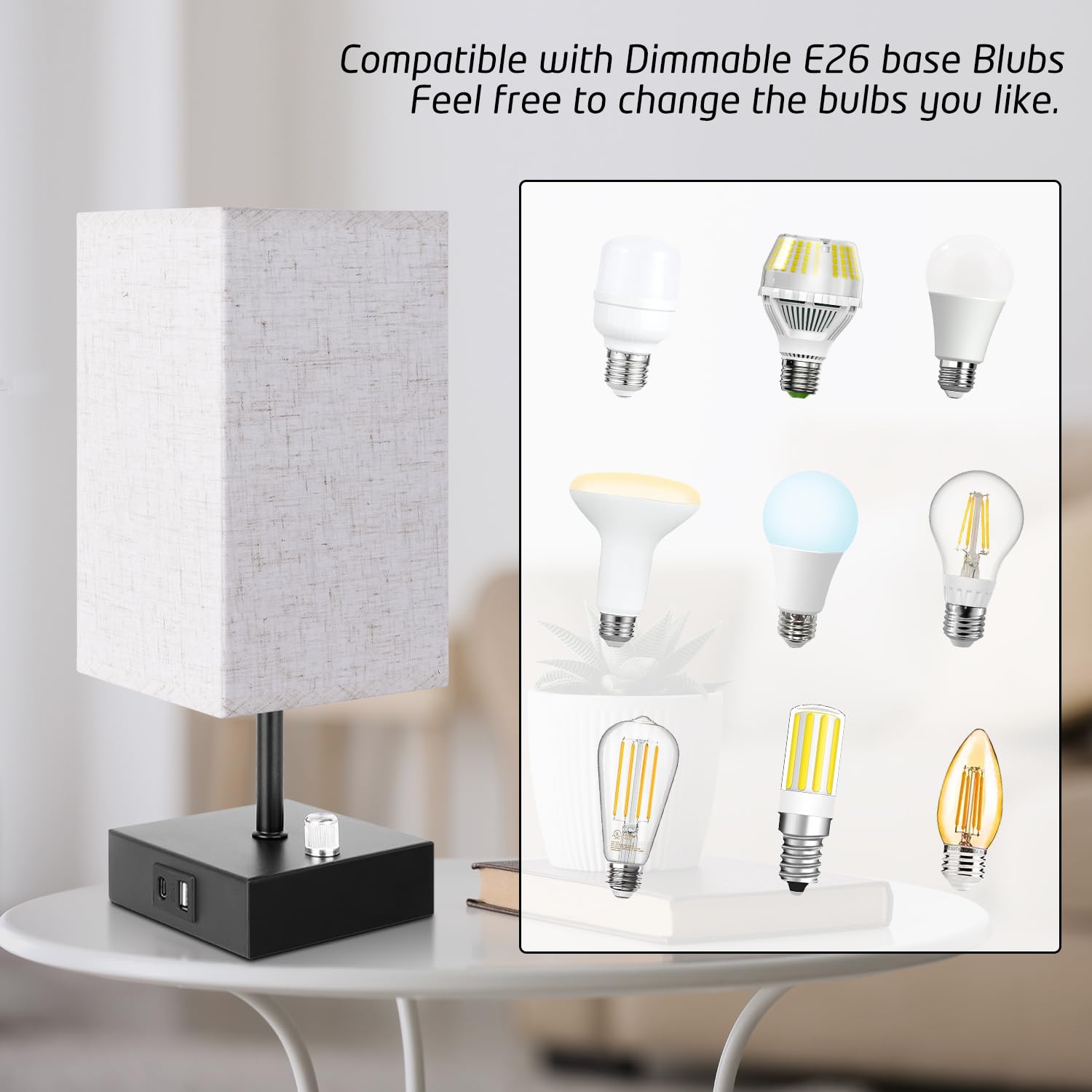 2-Pack Dimmable Bedside Lamps with USB-C/A Ports & AC Outlet - Modern Square Beige Fabric Shade & Black Metal Base Nightstand Lamps (LED Bulbs Included) for Bedroom, Kids Room, Nursery & Home Office Lighting