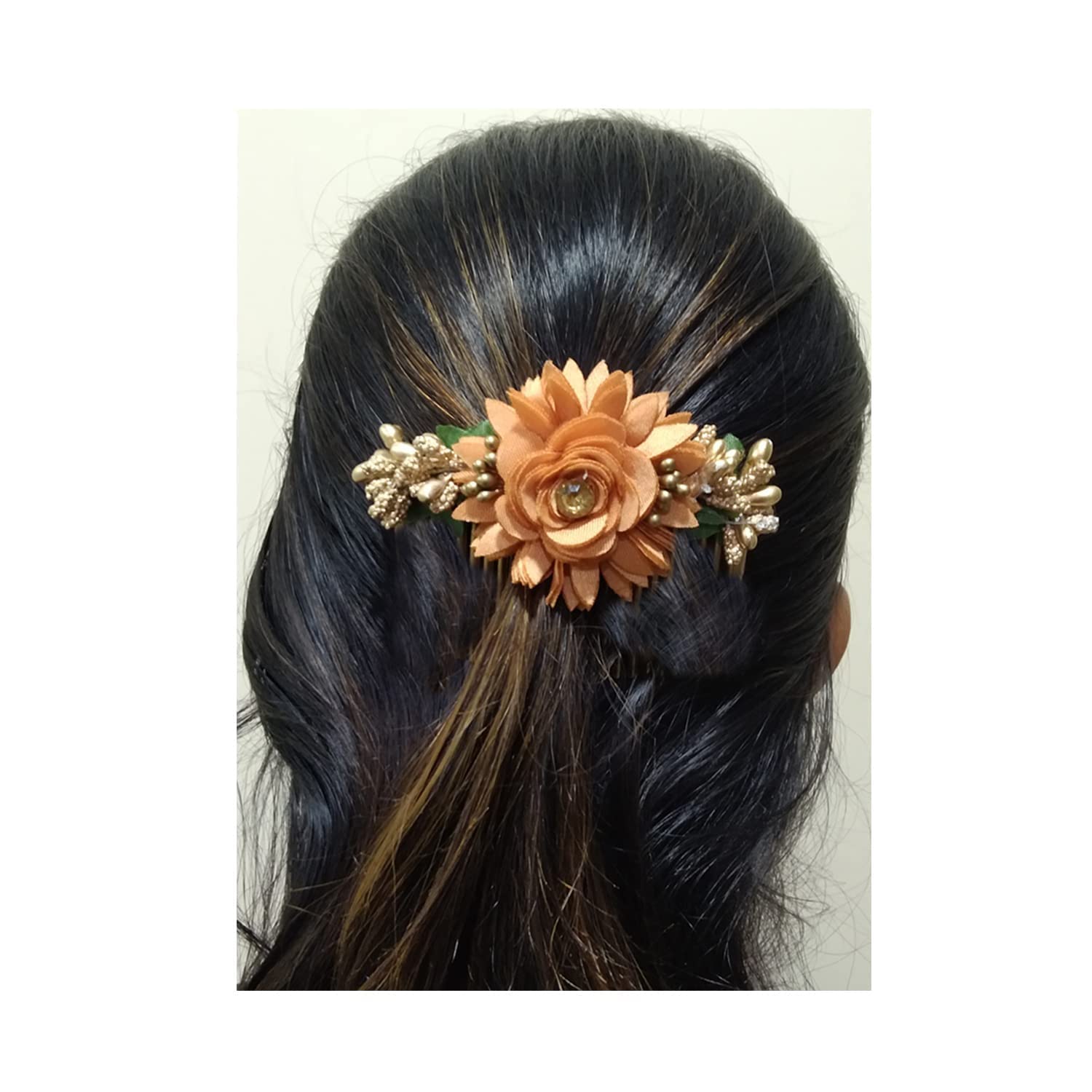 Artificial Flower Hair Comb Set for Women - Pack of 3 Hair Accessories (Red, White, Brown) | Bridal Hair Jewelry, Wedding Hair Pins, Boho Festival Hair Decor