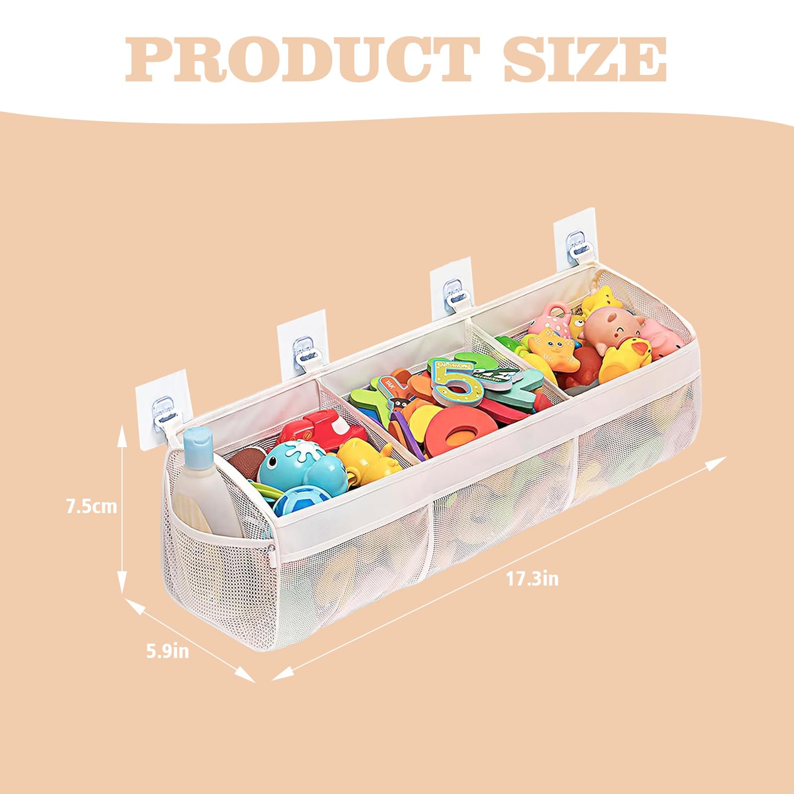 Bath Toy Storage Bag with 4 Hooks - Mesh Organizer for Bathtub Toys, Waterproof Toy Holder & Sorter - Perfect for Kids Bath Time Organization (White)