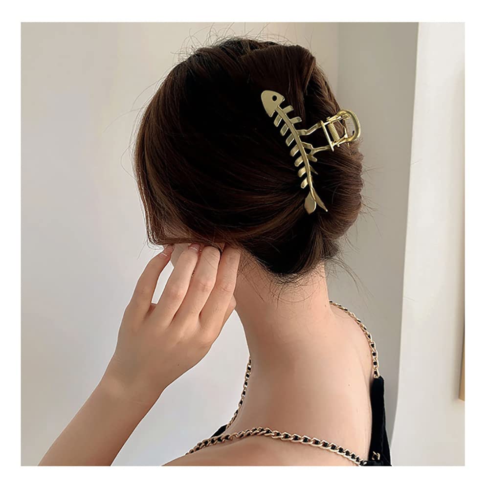 2PCS Large Metal Hair Claw Clips - Fish Bone Design Non-Slip Hollow Hair Clips for Women & Girls | Gold Hair Accessories for Ponytail, Bun & Updo Hairstyles