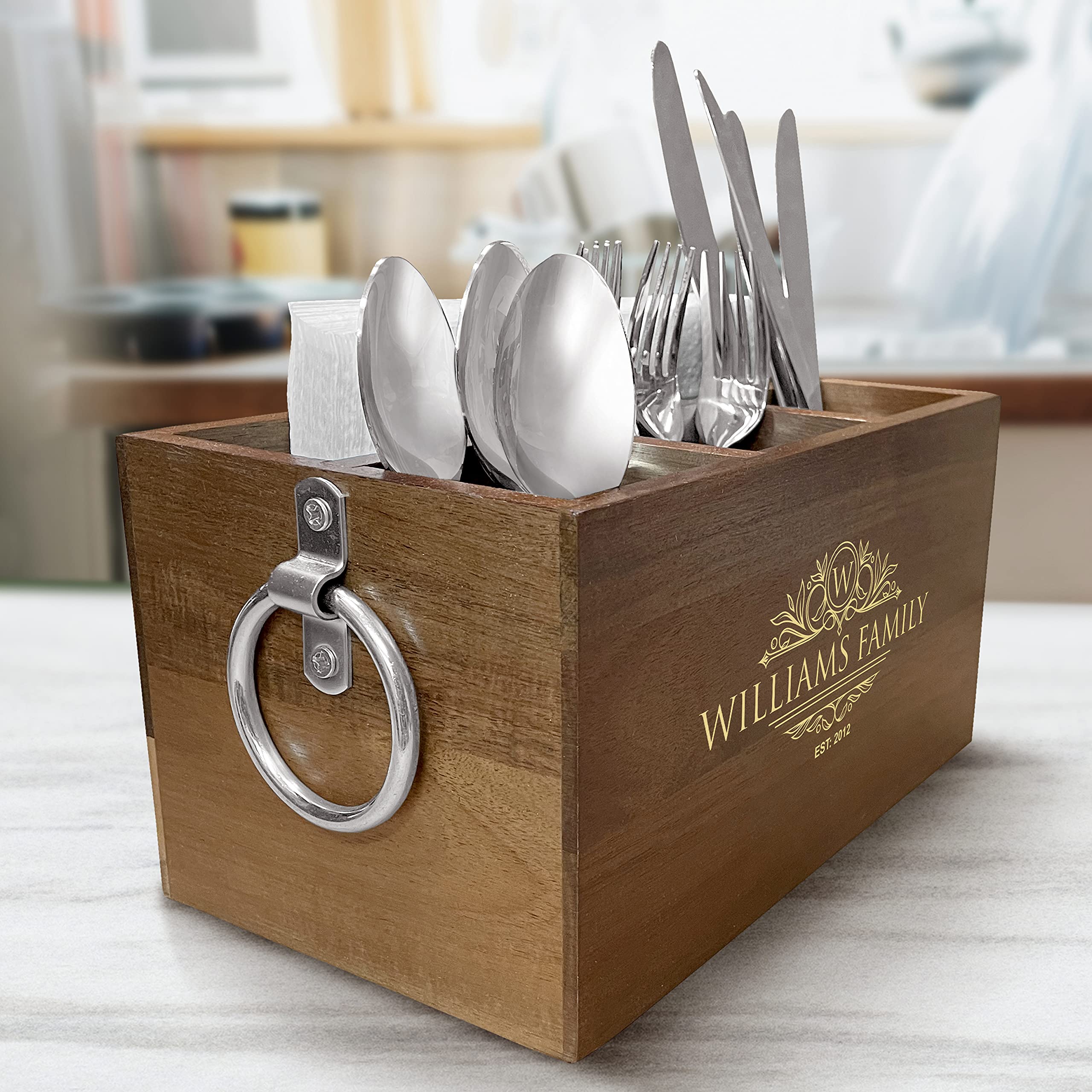 Personalized Wooden Utensil Storage Box - Traditional Kitchen Caddy Organizer for Spoons & Forks - Perfect for Wedding Gifts & Home Organization