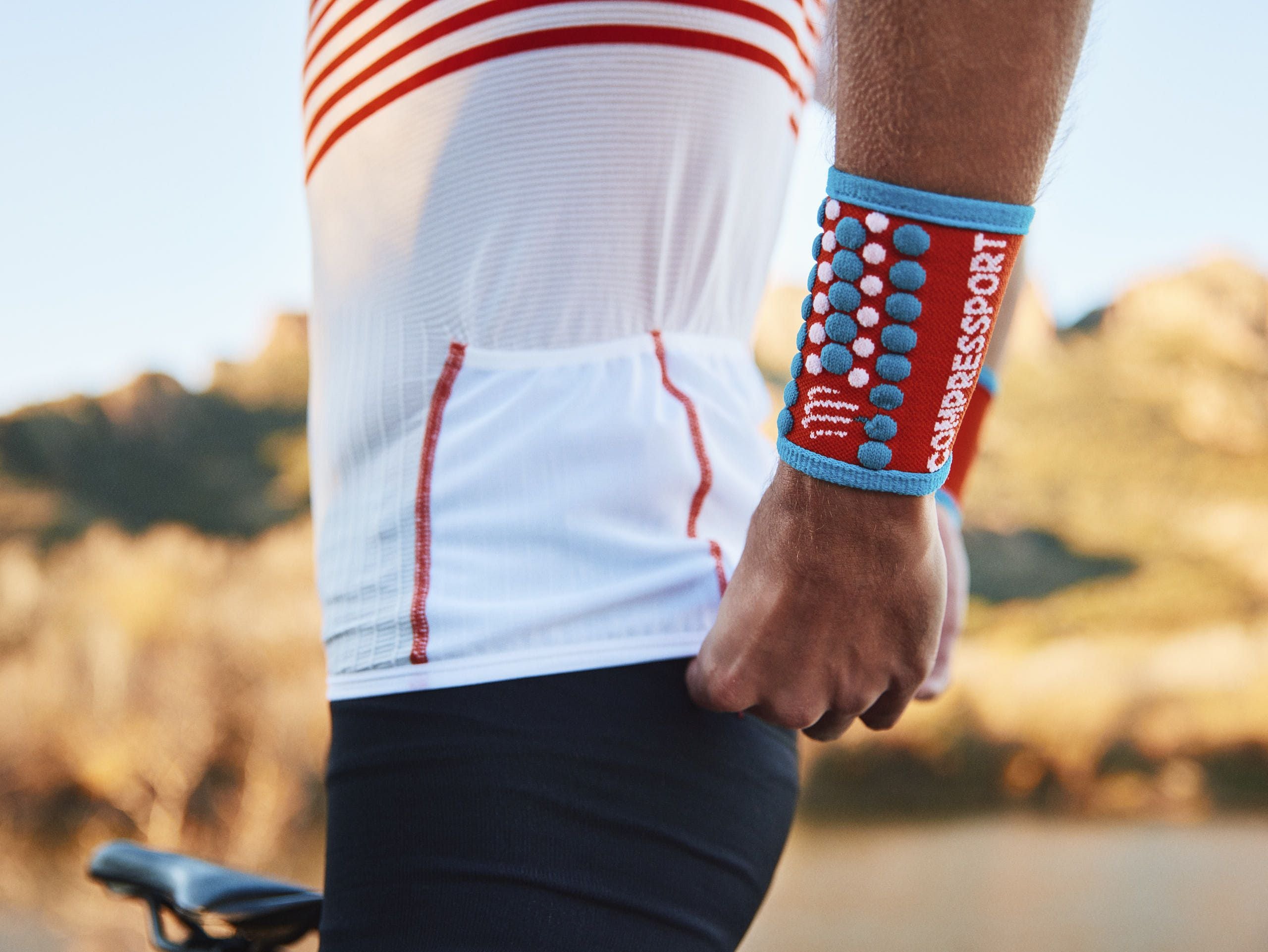 Compressport Unisex 3D.Dots Sweatbands - Pair for Men & Women, Orangeade/Fjord Blue | Breathable Wristbands for Running, Tennis, Basketball & Workout