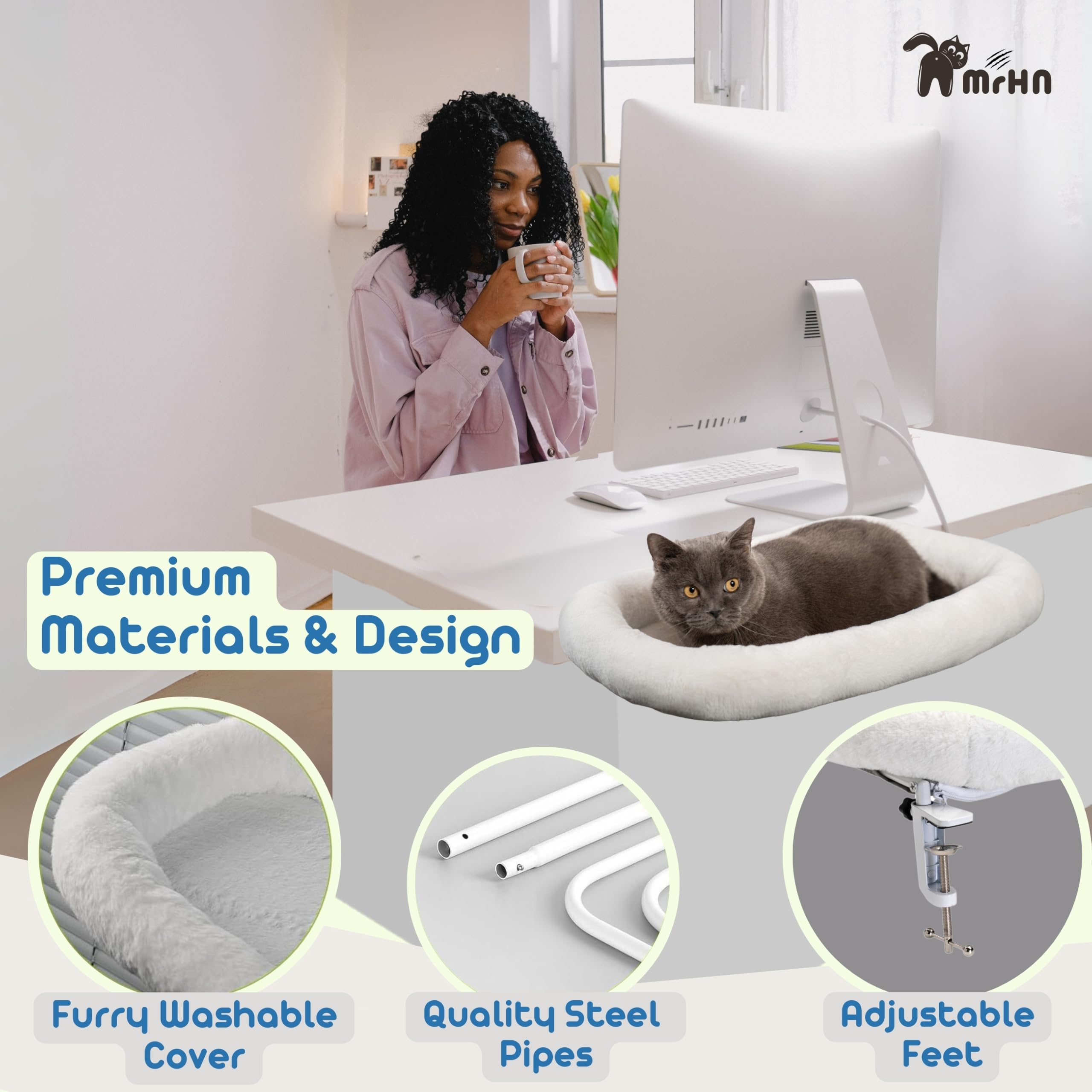MRHN Cat Desk Bed - Cozy & Secure Desk-Mounted Cat Bed for Small & Medium Cats, Perfect for Home Office, Study, or Workspace - Washable & Space-Saving Pet Accessory (Grey)