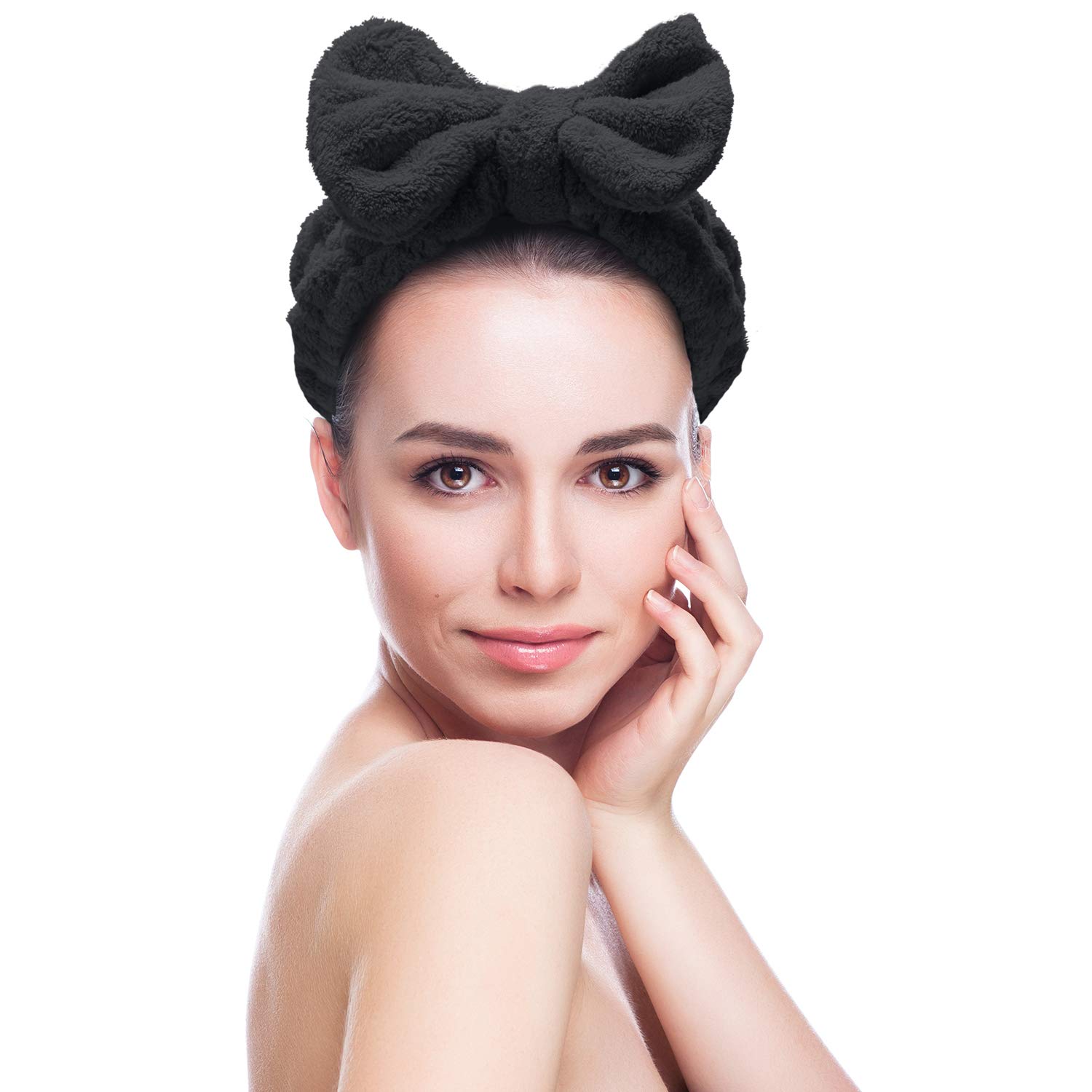 Senkary 4 Pack Soft Microfiber Bowtie Headbands for Women & Girls - Spa, Shower, Makeup & Face Wash Headband Set (White, Blue, Black, Dark Grey) - Perfect for Skincare Routine, Hair Styling & Relaxing at Home