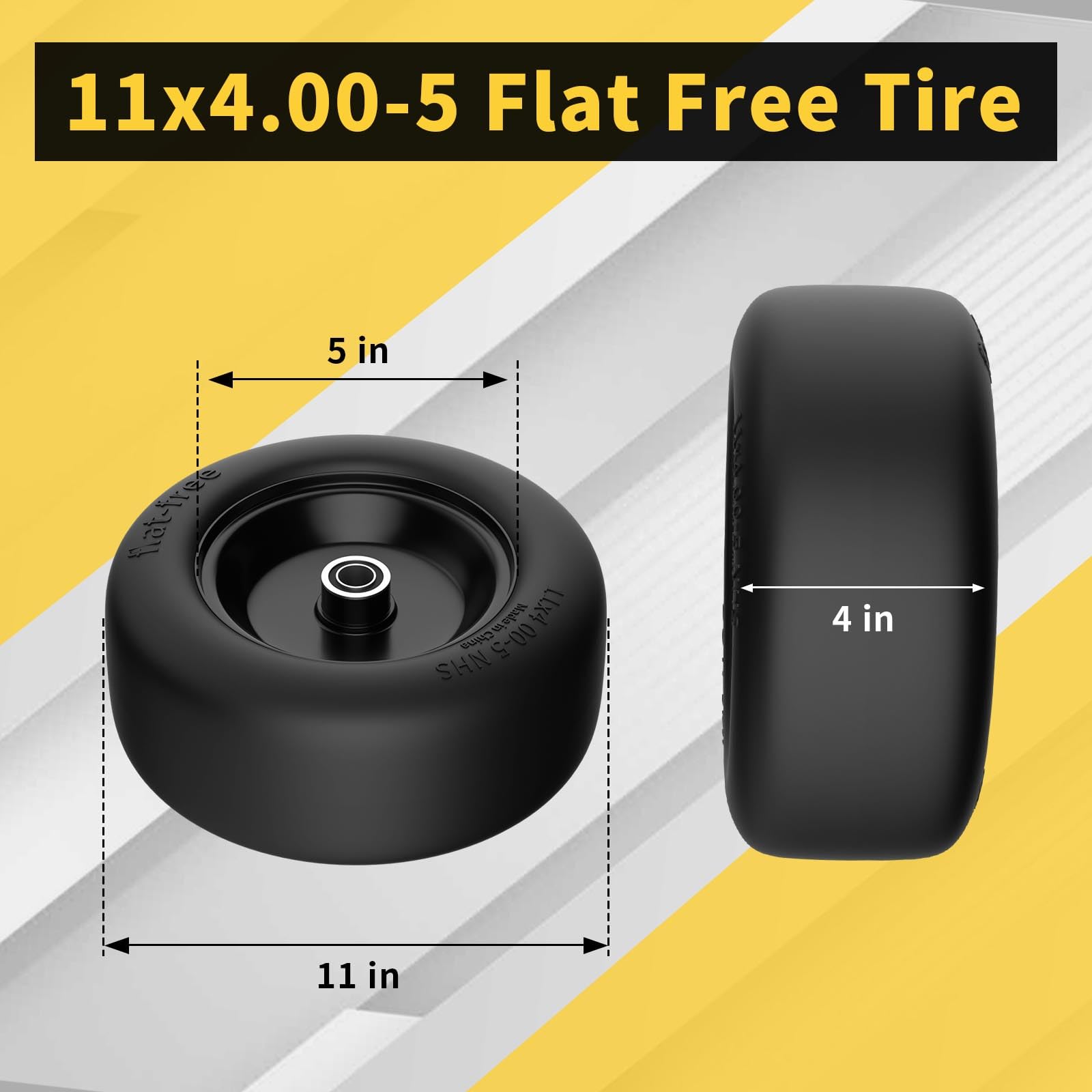 TEPU 11x4.00-5 Solid Flat Free Lawn Mower Tires - 2 Pack Black Zero Turn Mower Front Tires with 3/4