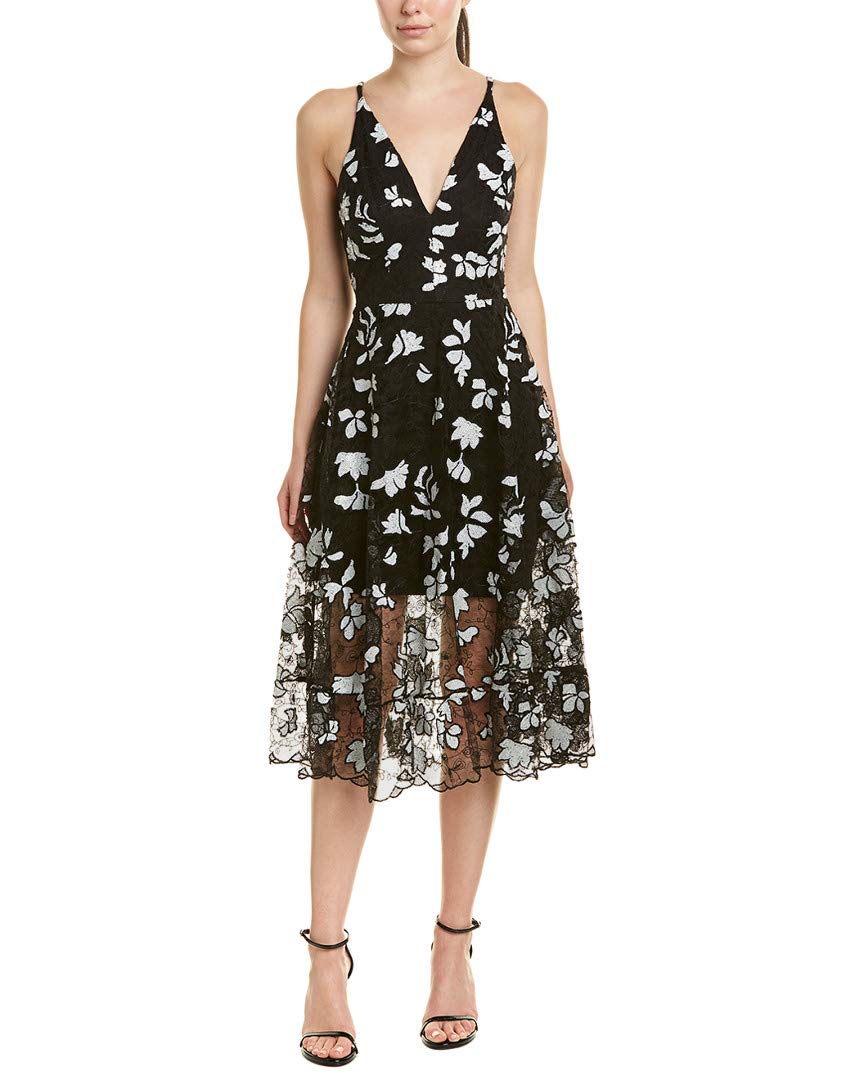 Dress the Population Women's Audrey Spaghetti Strap Midi A-line 3D Floral Dress - Elegant Summer Party & Wedding Guest Dress