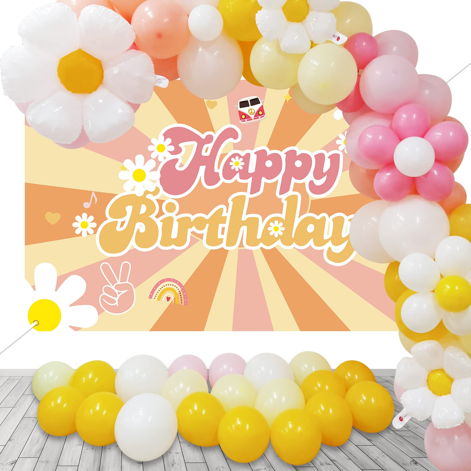 Boho Daisy Party Decorations Set - Pink White Yellow Daisy Flower Balloon Garland & Backdrop Banner for Hippie Birthday Party | Retro Groovy Theme, Baby Shower, Bridal Shower, Girls Birthday Party Decor