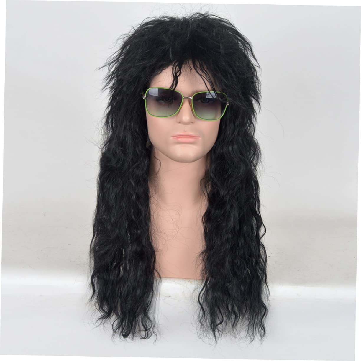 **Mikinona Heat Resistant Curly Hair Male Wig - 80s Retro Punk Style Long Fluffy Black Wig for Cosplay, Halloween, and Themed Parties**