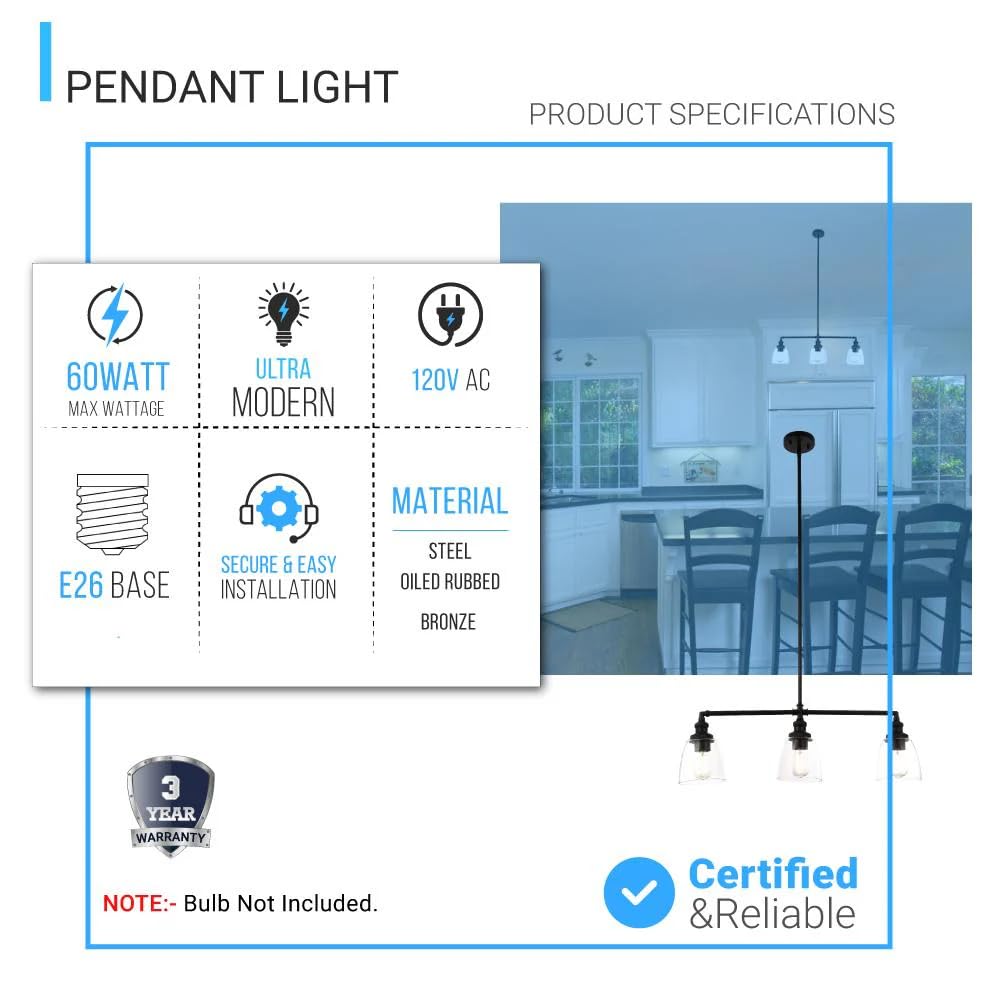 LEDMyplace 3-Light Linear Pendant Lighting Fixture - Bell Shaped Clear Glass Shade with Oil Rubbed Bronze Finish - Farmhouse & Modern Home Decor for Kitchen Island, Dining Room, Bedroom, Living Room, Hallway - E26 Base (Bulbs Not Included)