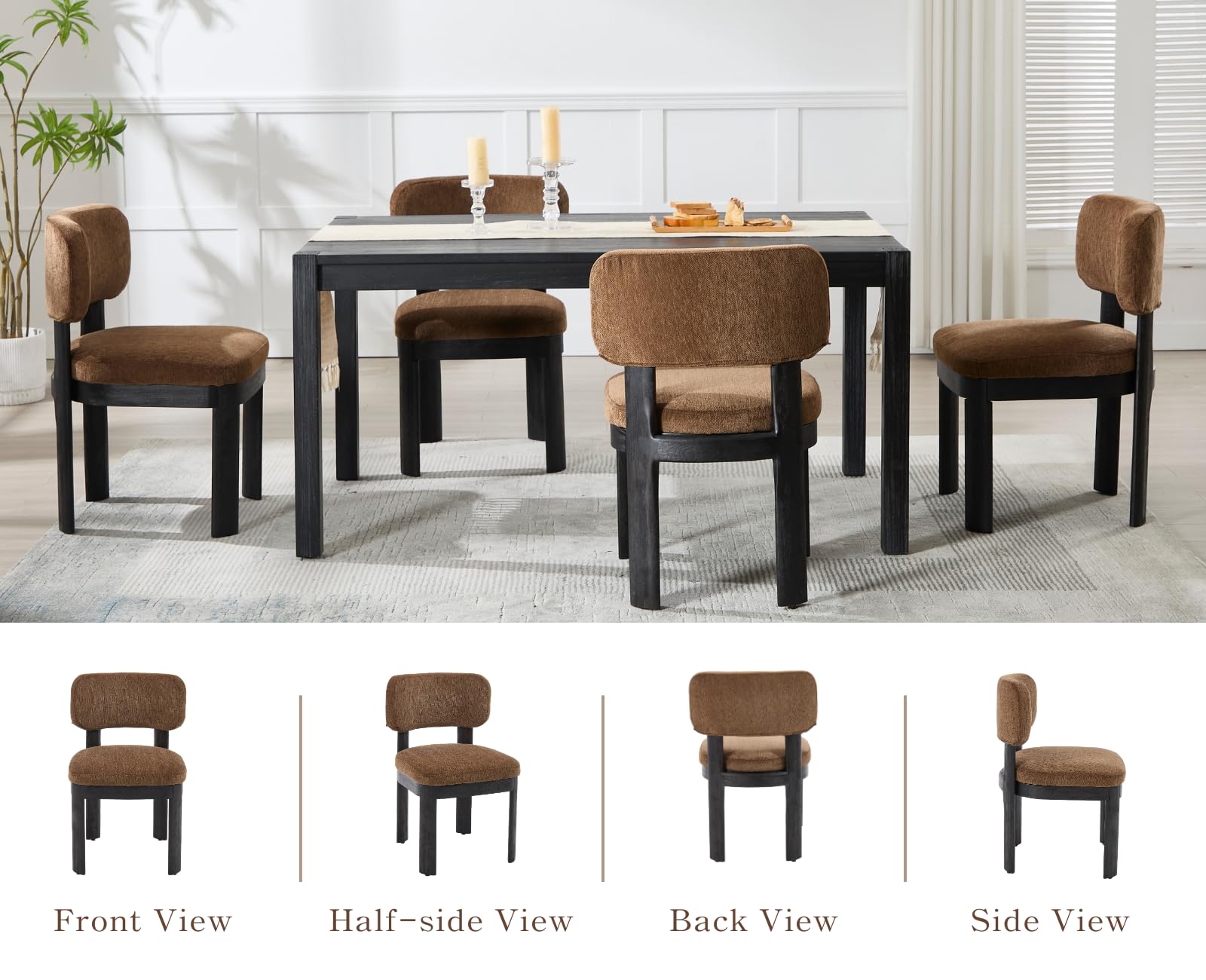 Mid Century Modern Dining Chairs Set of 2 - Brown Upholstered Wooden Farmhouse Kitchen Chairs, Armless Accent Side Chairs with Chenille Fabric for Dining Room & Living Room - Perfect for Home Decor, Kitchen Breakfast Nook, and Small Space Dining