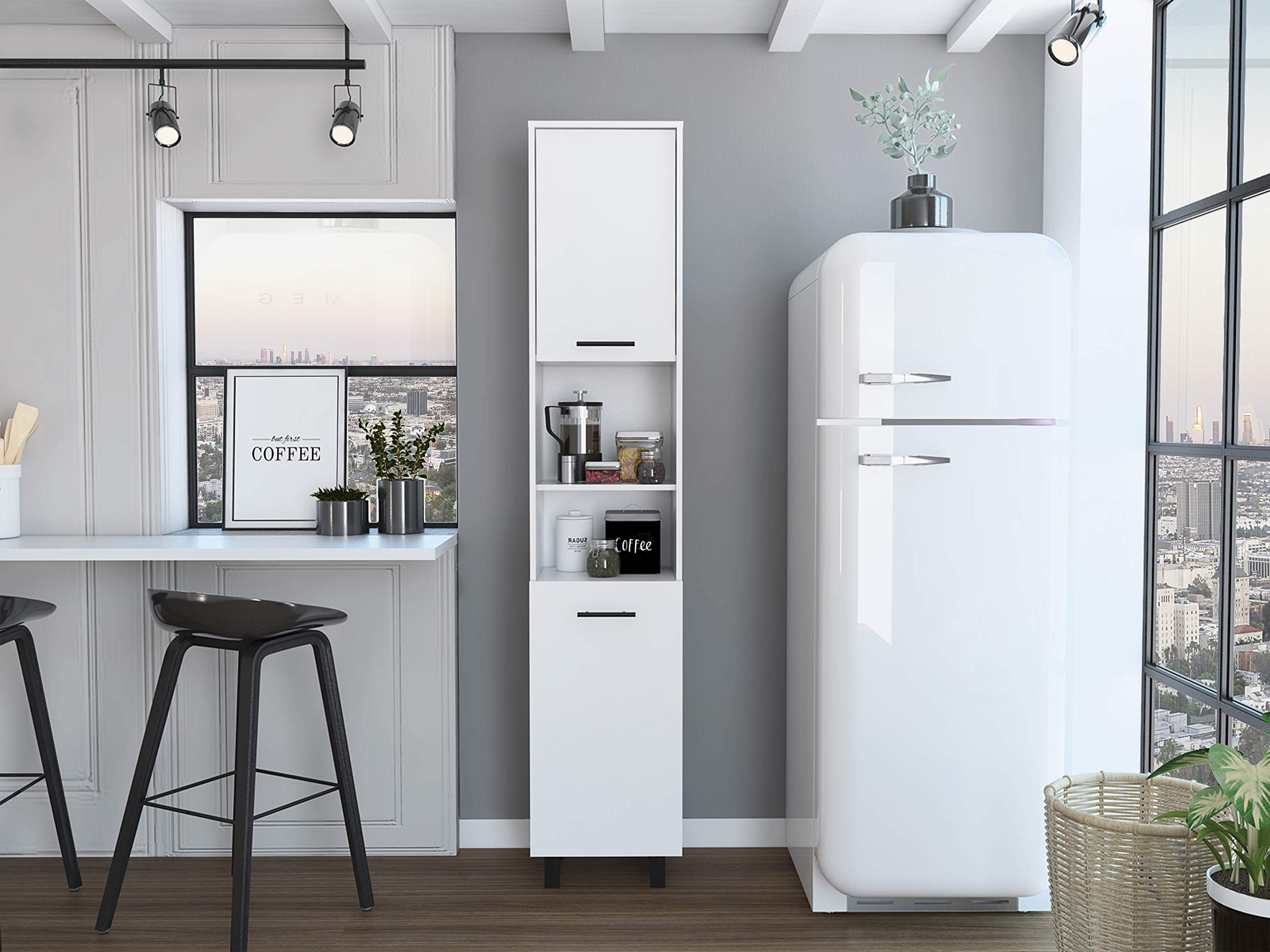 Sheffield Pantry Kitchen Cabinet - 2 Cabinets & 2 Open Shelves for Storage | Perfect for Small Kitchens, Pantry Organization & Home Decor