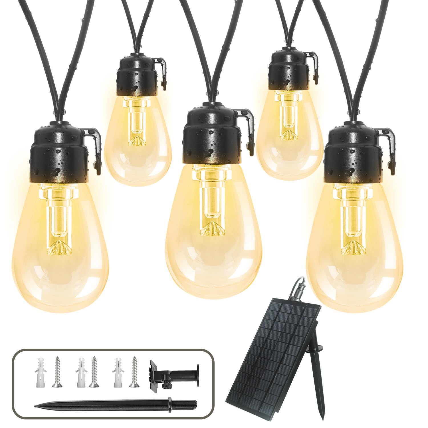 Fmix 48FT Solar String Lights Outdoor Waterproof - S14 LED Solar Powered Lights with 10-Hour Runtime, 5V Solar Patio Lights for Garden, Backyard, Deck, and Party Decor