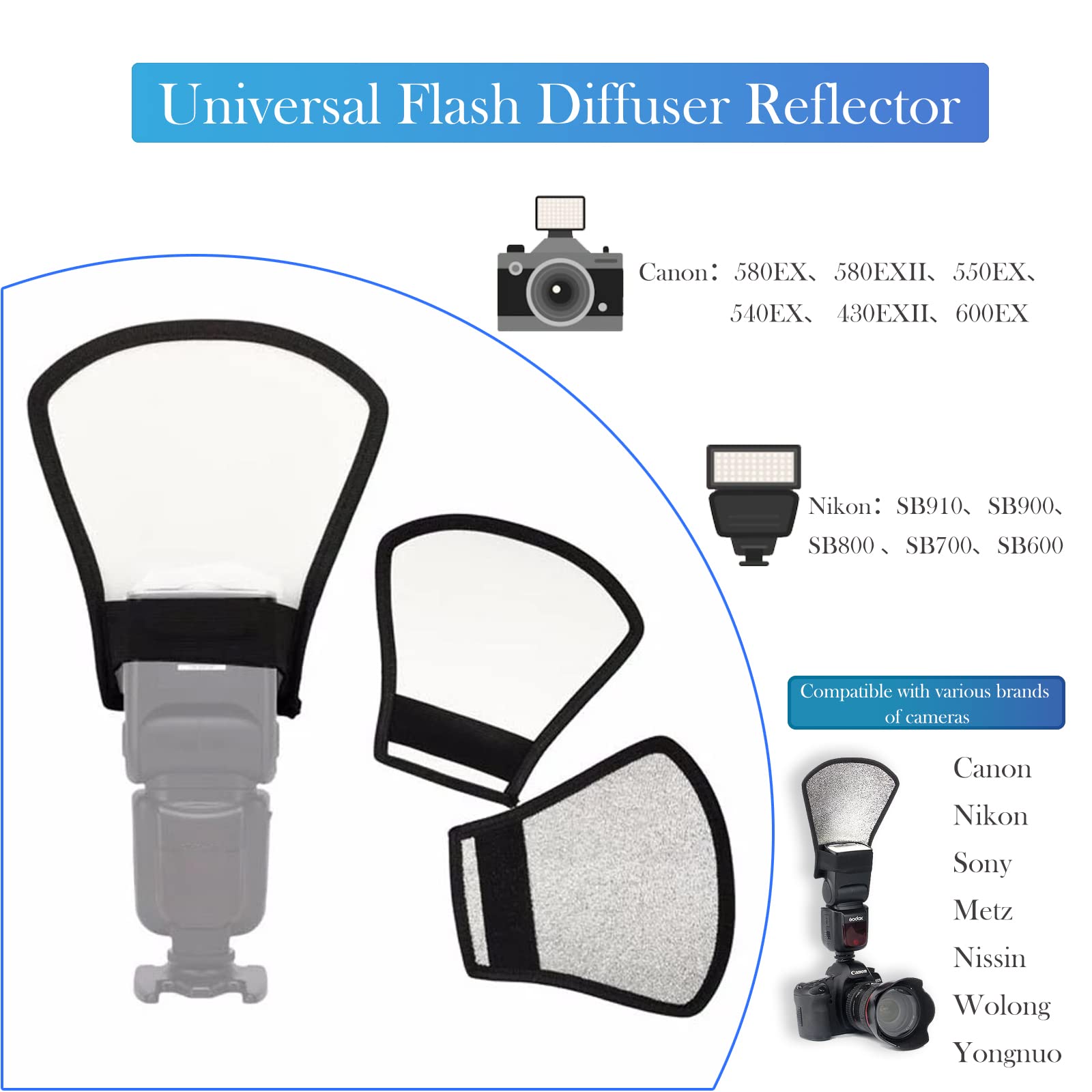 2 Pack Universal Camera Flash Diffuser Reflector Cap - Silver/White Bounce Diffuser with Elastic Band for Canon, Nikon, Sony, Metz Speedlights | Perfect for Portrait, Wedding & Studio Photography