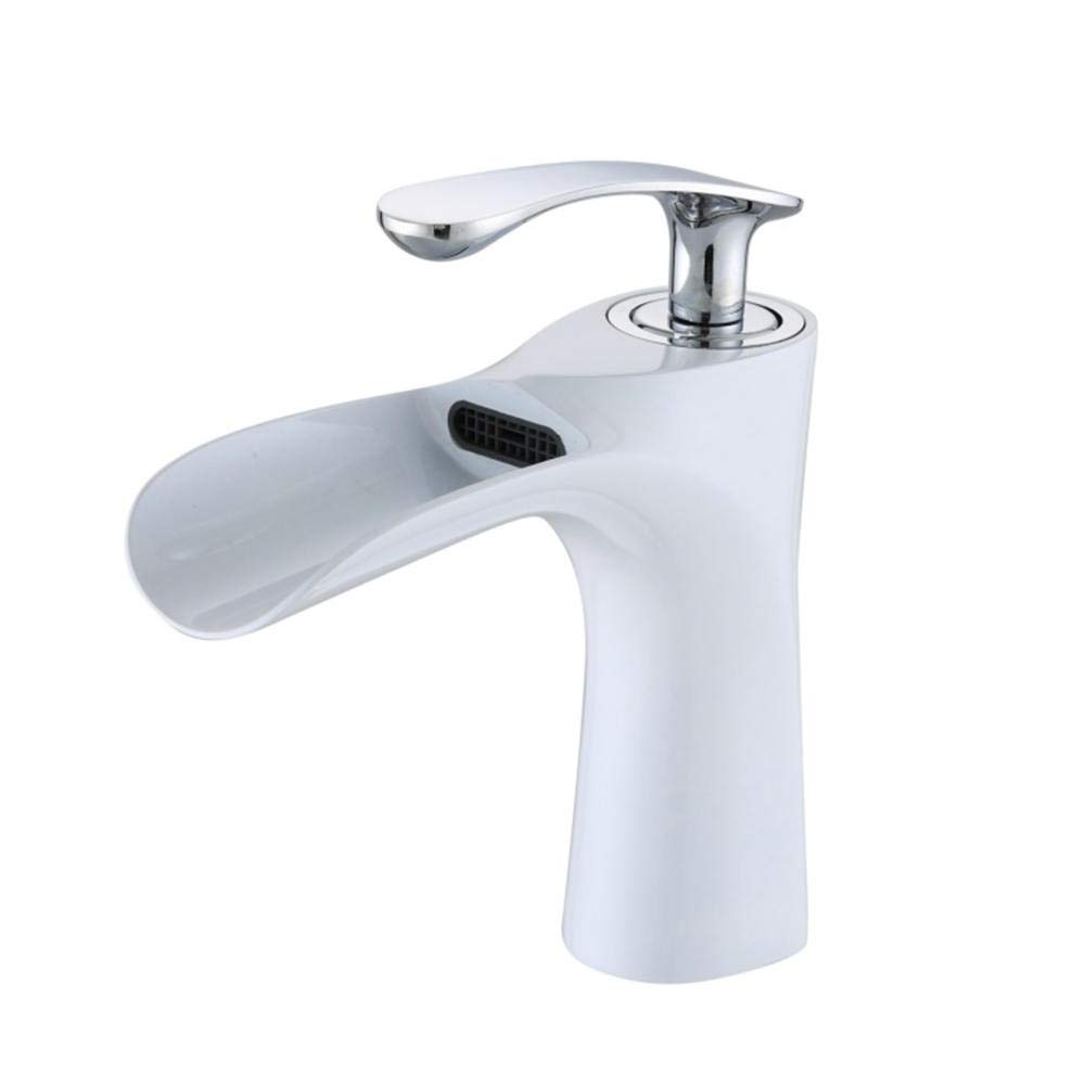 Waterfall Bathroom Sink Faucet - White Brass Single Hole Basin Tap with Hot/Cold Water - Modern Bathroom Vanity Faucet for Bath, Powder Room & Guest Bath Decor