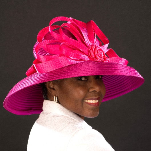 Fuchsia Satin Women's Dress Hat - Elegant Wide Brim Sun Hat for Weddings, Garden Parties & Summer Outfits | NA1071
