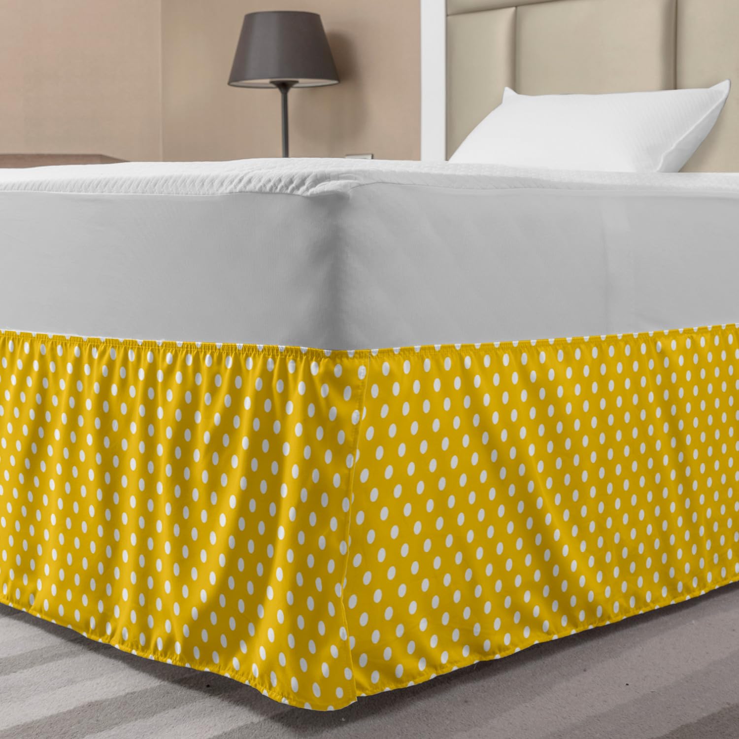 Lunarable Polka Dots Elastic Bed Skirt - Traditional Bohemian Style Wrap Around Dust Ruffle for Full Size Beds, Yellow & White Sunny Color Backdrop - Perfect for Girls' Bedrooms & Boho Chic Home Decor