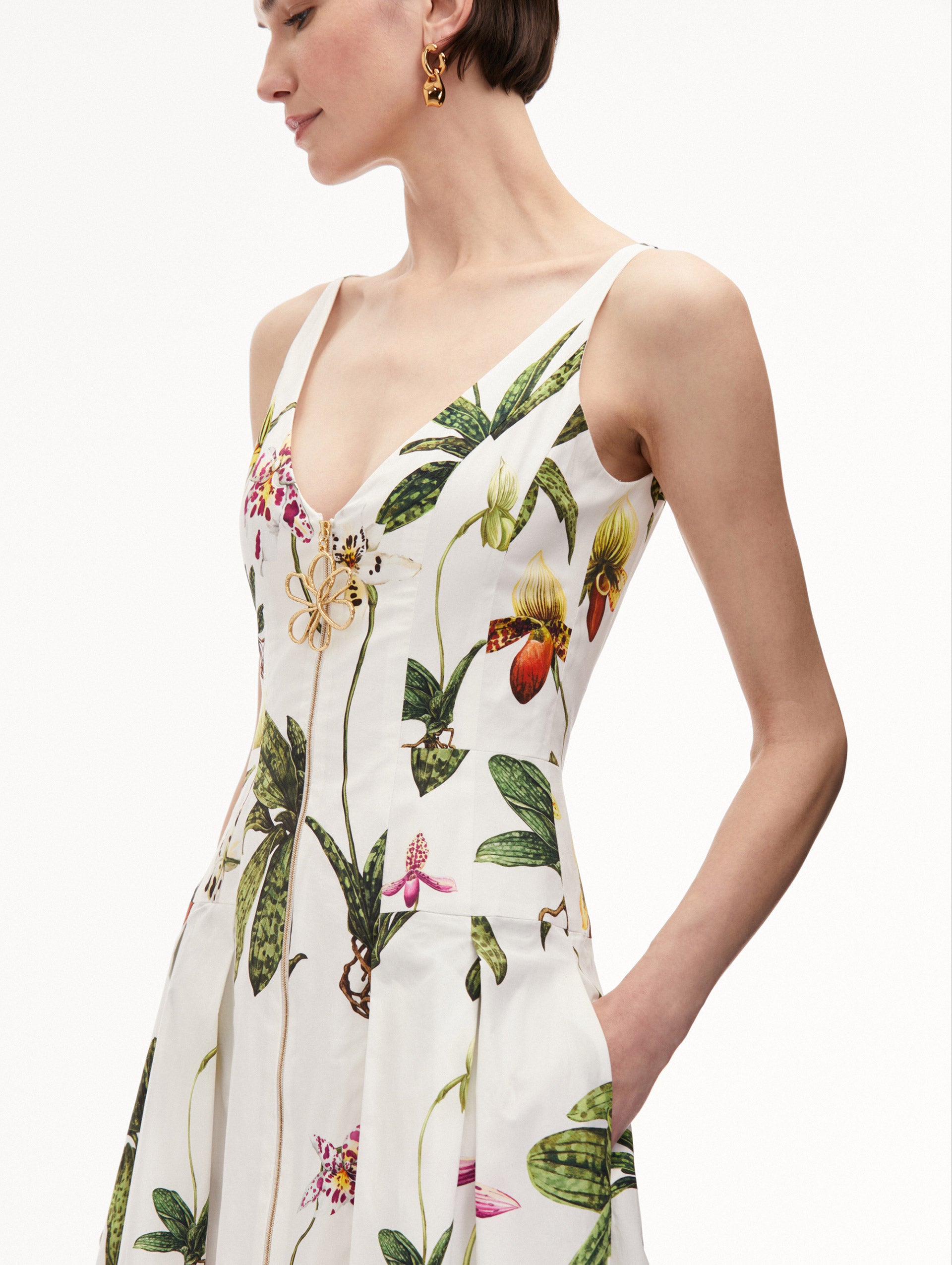 Orchid Zip Front Cotton Poplin Dress - Women's Floral Summer Casual Dress for Brunch, Wedding Guest & Vacation | Lightweight Breathable A-Line Style
