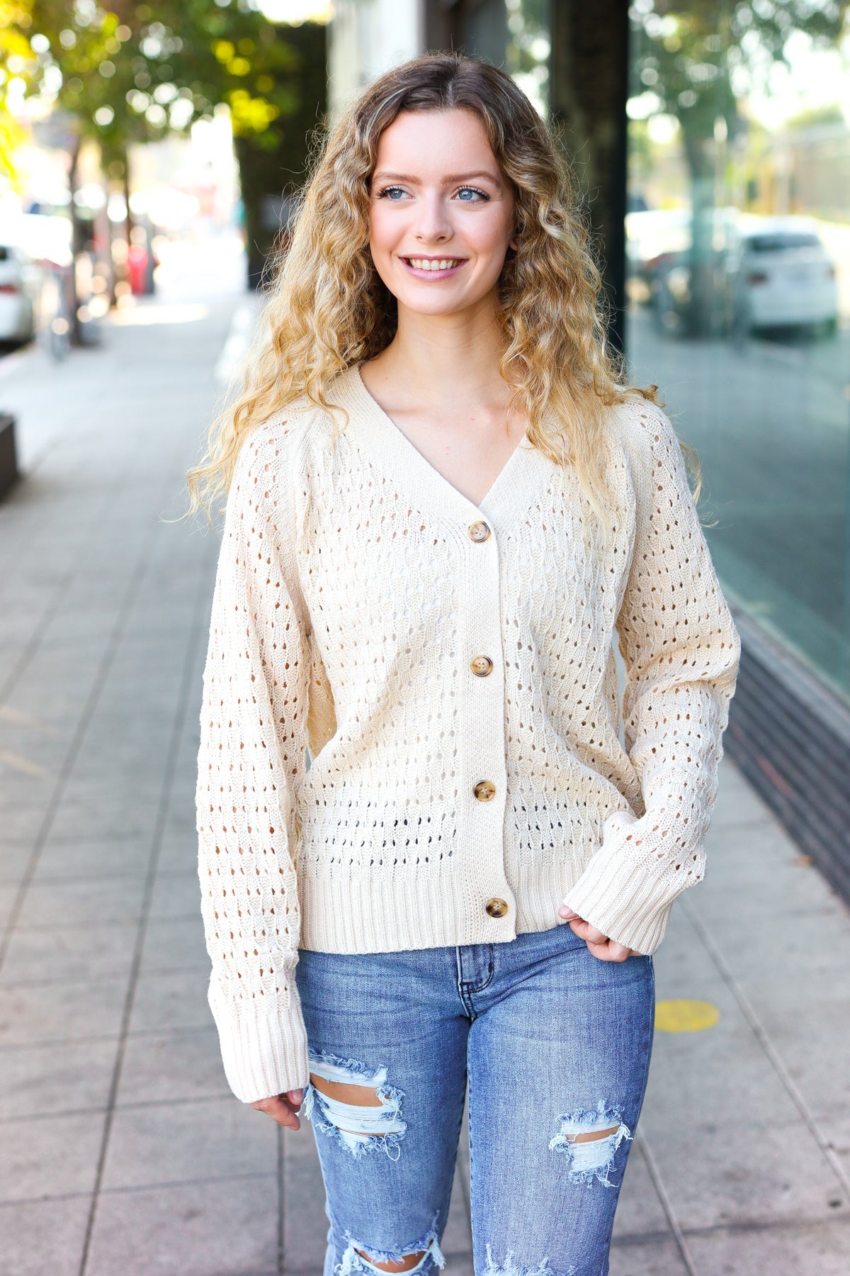 Follow Me Oatmeal Pointelle Knit Button Down Cardigan - Cozy Women's Sweater for Fall & Winter | Perfect for Office, Date Night & Casual Outfits