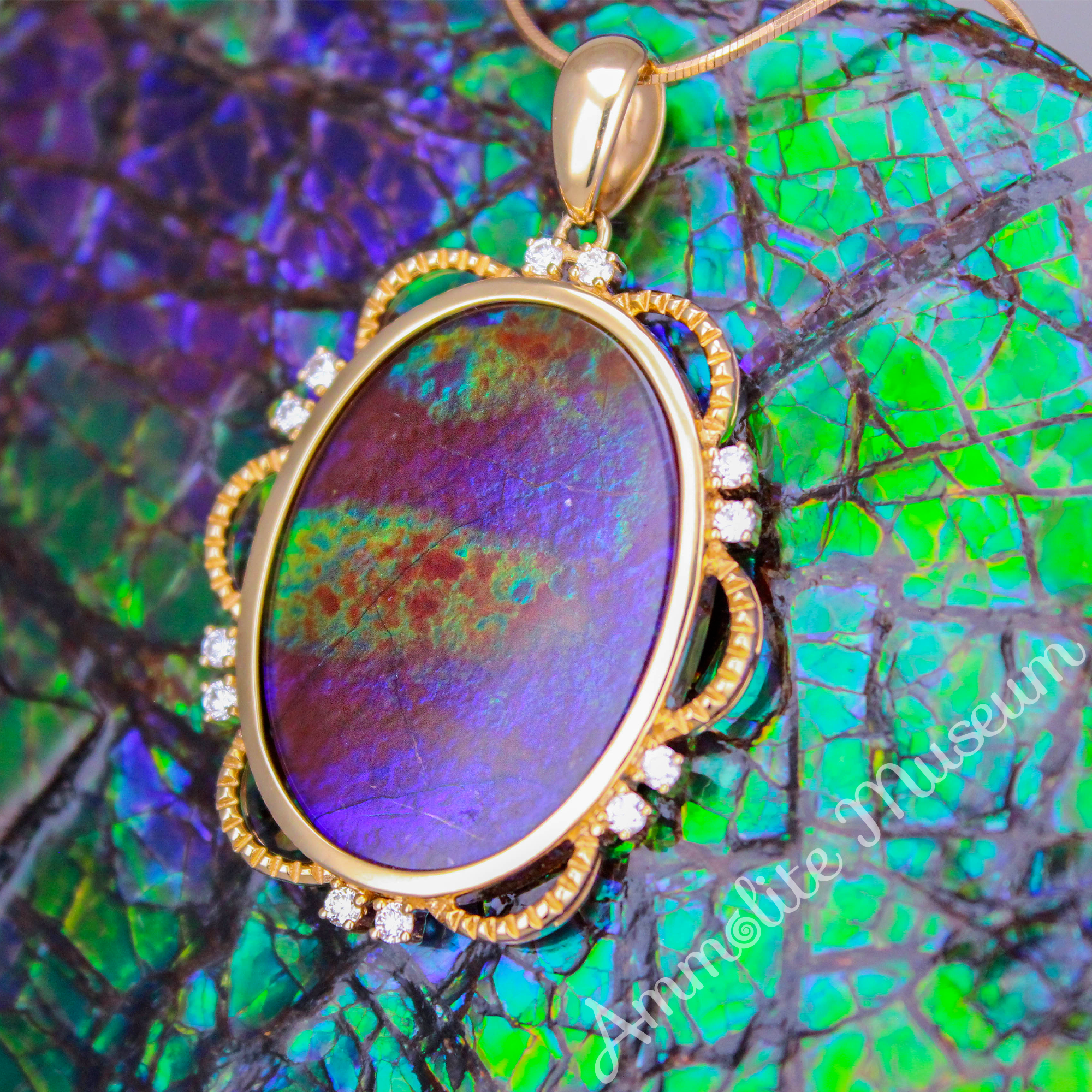 14K Gold Ammolite Pendant with Diamond Accents - Elegant Oval Gemstone Jewelry for Women, Perfect for Gifts, Parties & Special Occasions