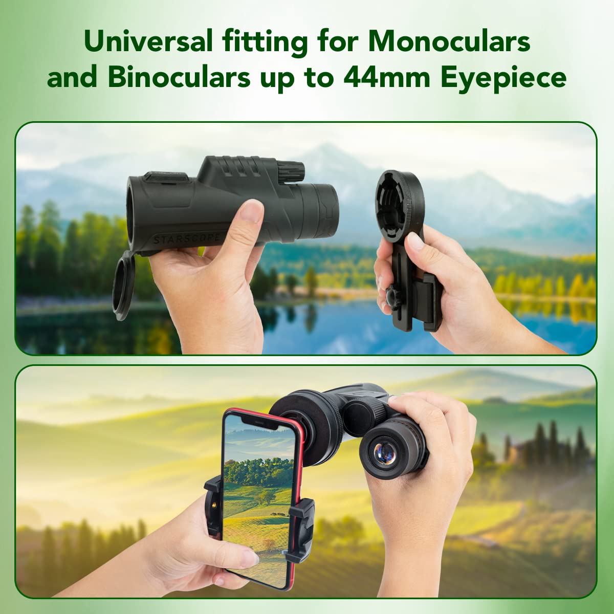 STARSCOPE Universal Phone Telescope Adapter - Adjustable Smartphone Mount for Binoculars, Spotting Scopes & Monoculars | Fits Most Phones Up to 110mm | Easy Setup for Bird Watching, Stargazing & Outdoor Adventures