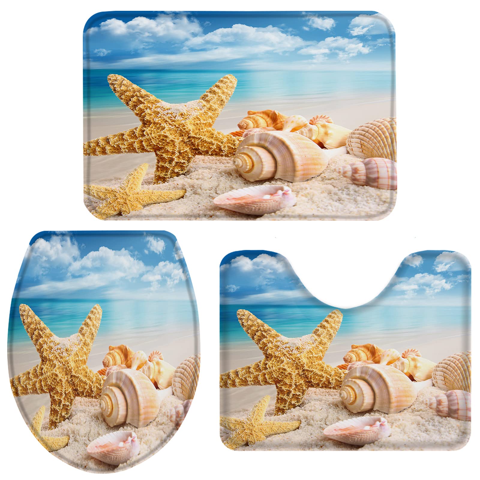 BRINGMEHOME 3-Piece Bathroom Rug Set - Non-Slip Toilet Seat Cover, Pedestal Mat & Contour Rug with Beach Seashell Landscape Design | Blue Sky Print Bath Mat for Coastal & Nautical Themed Bathrooms