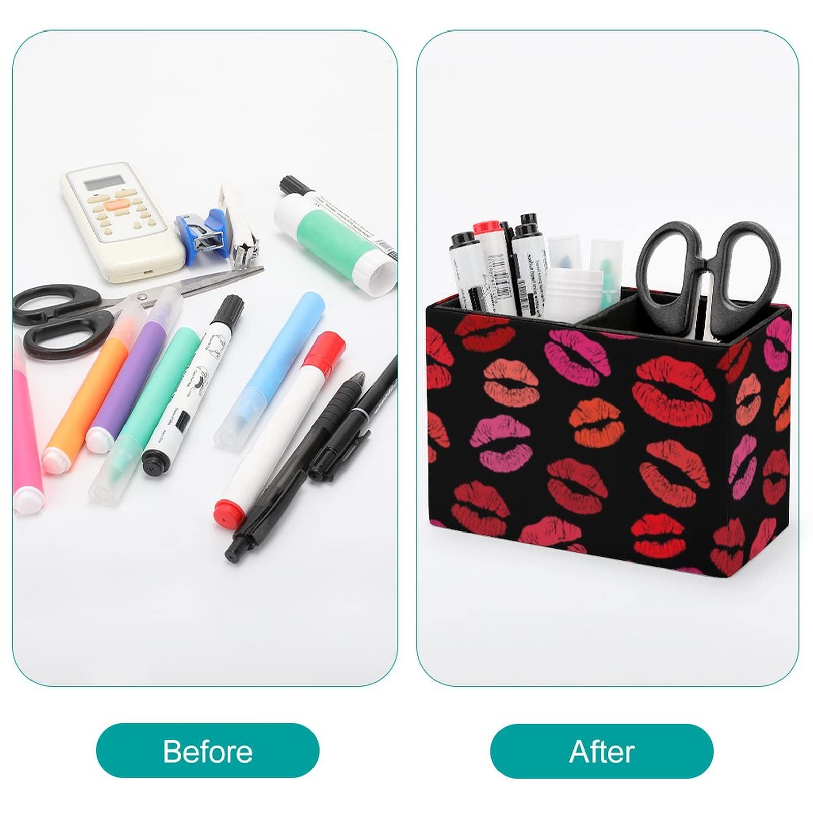 Red Lipstick Kiss Pen Holder - Leather Desk Pencil Organizer for Office, School & College | Stylish Makeup Brush & Pen Storage | Perfect for Workstations, Study Desks & Vanity Tables