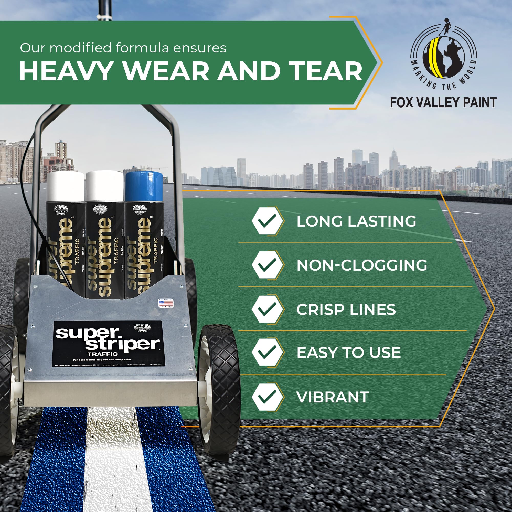 Fox Valley Traffic Super Striper Line Marking Machine Starter Kit for Parking Lots - Easy to Use Striping Paint Machine, Durable Line Painting Equipment, Parking Lot Marking Kit (6 Cans) - Perfect for Parking Lot Maintenance, Warehouse Floor Marking & Road Safety Line Painting