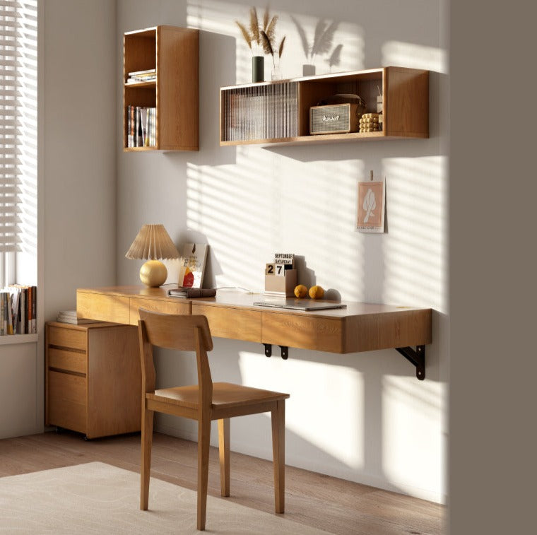 Solid Oak Wood Wall Mounted Floating Desk - Home Office, Study, or Workspace Solution for Small Spaces