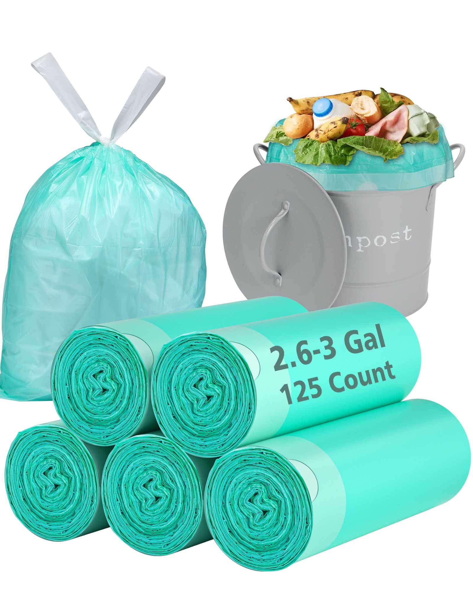 AYOTEE 3 Gallon Biodegradable Trash Bags with Drawstring - 125 Count Compostable Small Garbage Bags for Bathroom, Bedroom, Kitchen - Perfect for Office, RV, Diaper Pail & Household Waste Disposal