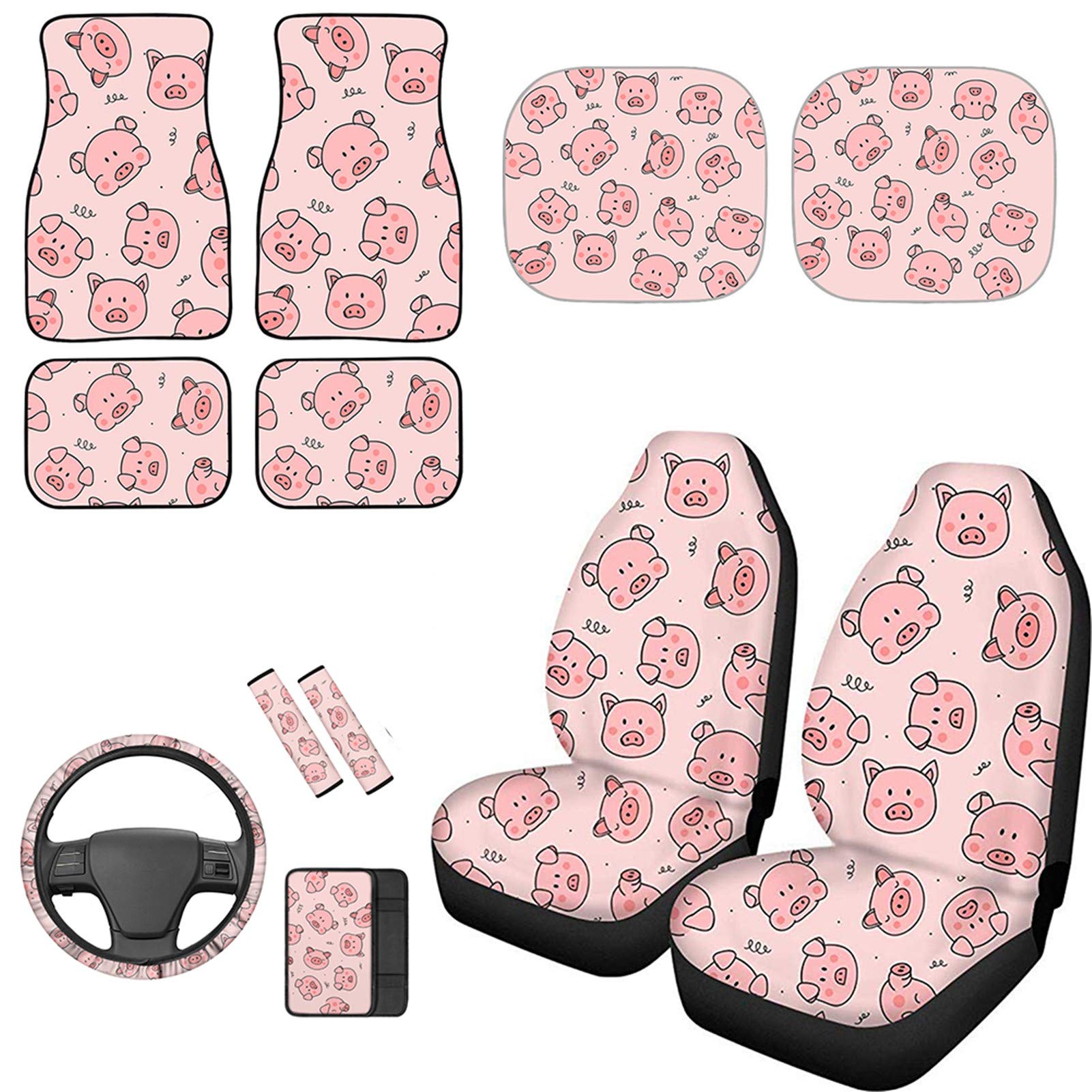 12-Piece Universal Pink Pig Print Car Accessories Set - Front Seat Covers, Steering Wheel Cover, Armrest Pad, Shoulder Pads & Sun Shade for Women & Girls | Cute Car Decor & Summer Sun Protection