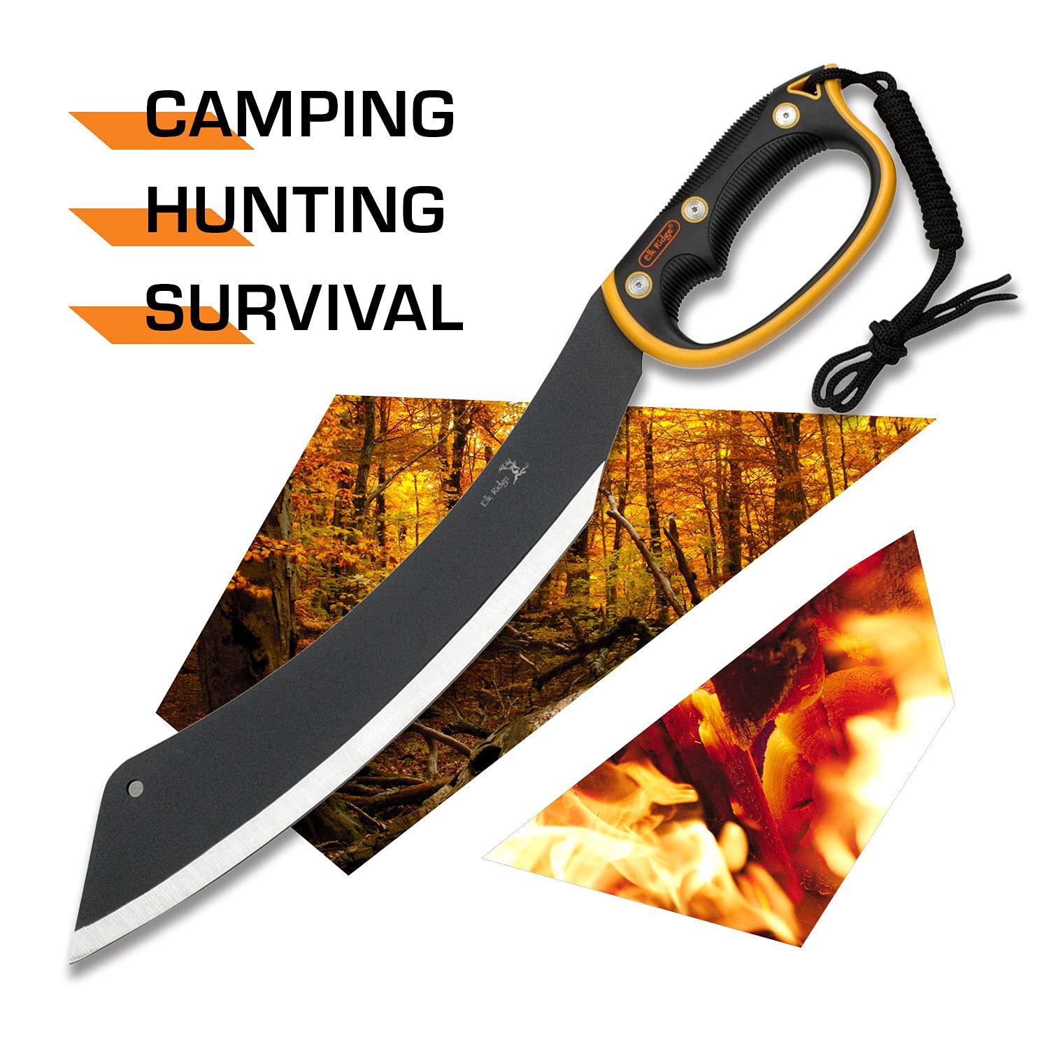 Elk Ridge 20.5-inch Fixed Blade Machete with Black Stainless Steel Blade - Orange & Black Ergonomic Handle, Lanyard & Nylon Sheath - Perfect for Camping, Hunting, Survival & Outdoor Adventures (ER-280)