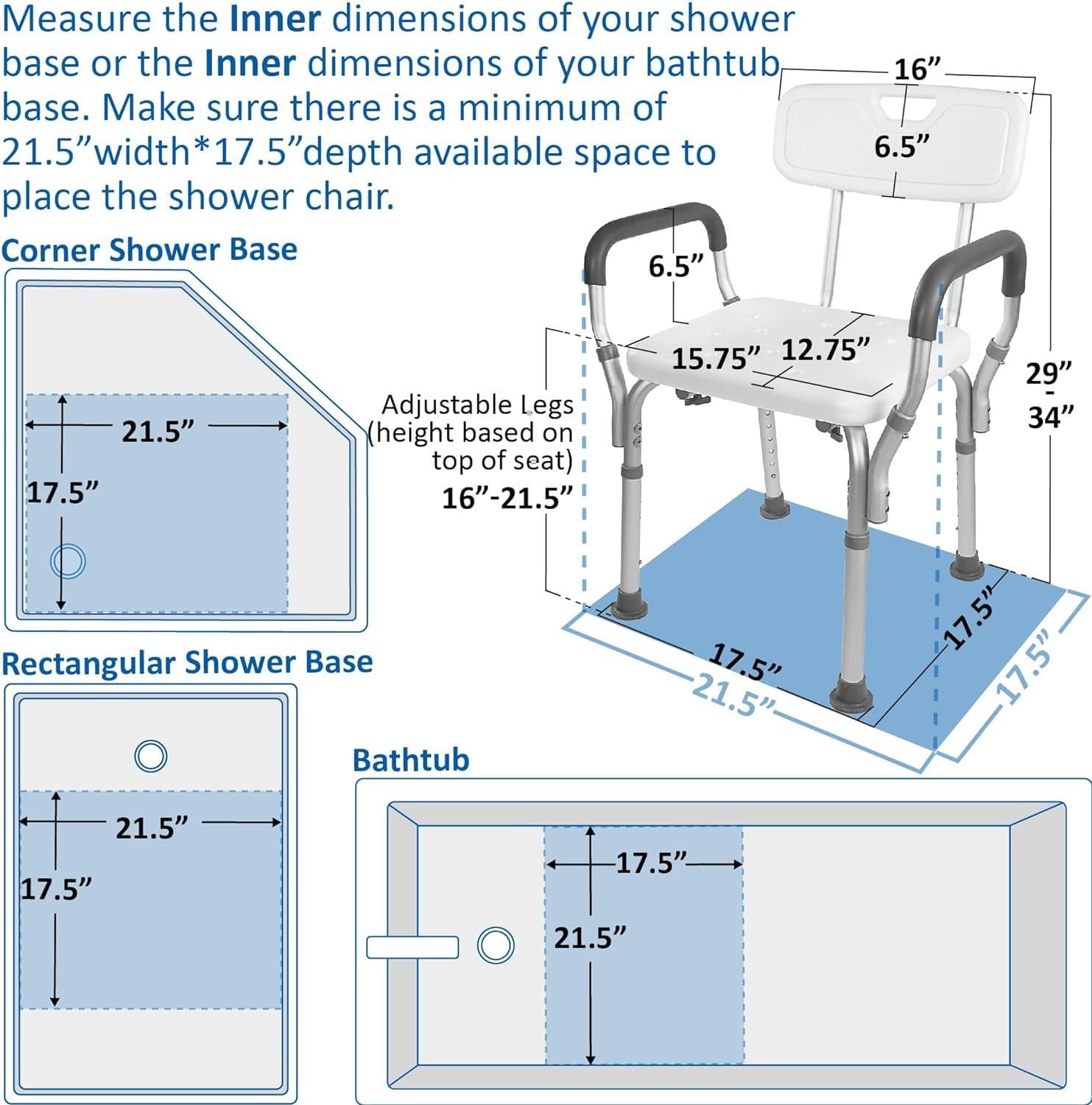 Vaunn Adjustable Shower Chair with Arms & Folding Toilet Safety Rail - FSA/HSA Eligible Medical Bathroom Safety Bundle for Elderly & Disabled