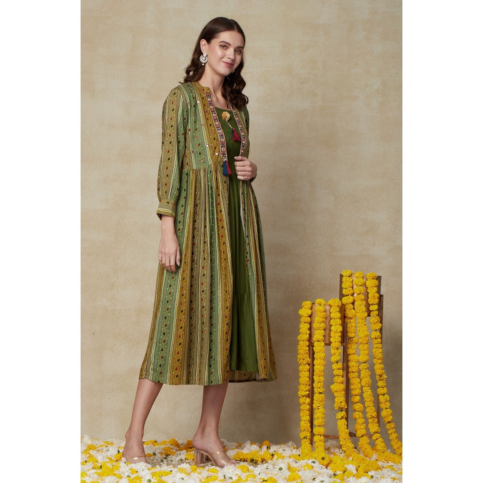 Stylish Green Kurta with Shrug for Women | Fusion Wear Ethnic Outfit | Perfect for Festivals, Parties & Casual Wear