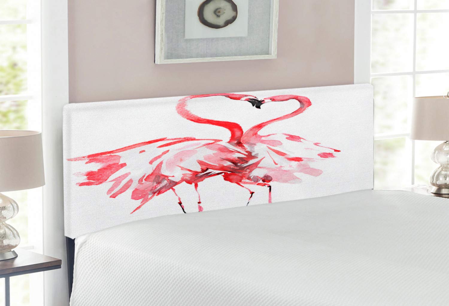 Ambesonne Flamingo Headboard - Romantic Watercolor Upholstered Metal Bed Headboard with Memory Foam, Full Size, Dark Coral & White - Perfect for Master Bedroom, Guest Room, or Coastal-Themed Decor
