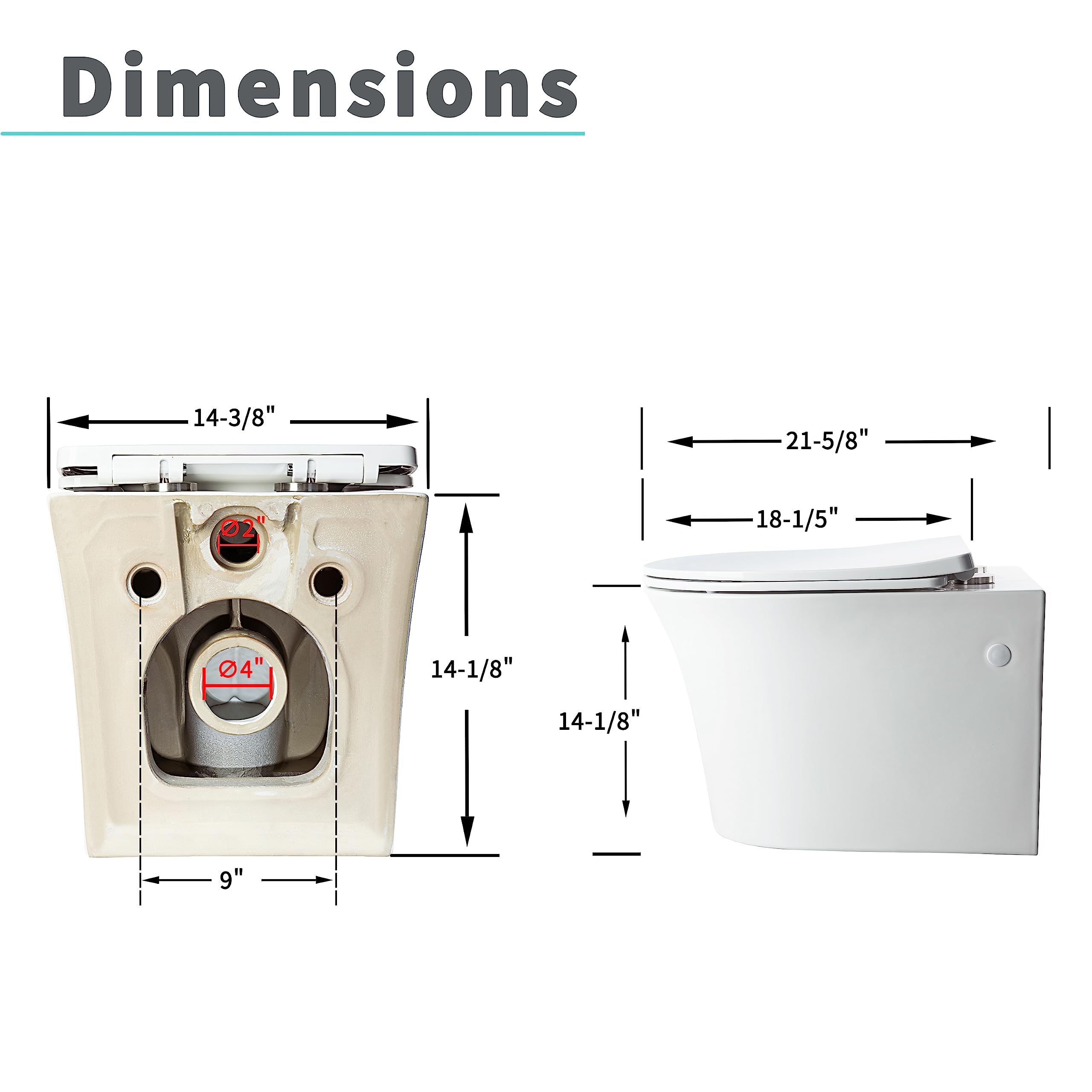 Casta Diva Wall Mounted Toilet - Elongated Tankless Modern Design with Soft Close Seat, 1.1/1.6 GPF Dual Flush Water Saving, White - Perfect for Small Bathrooms, Powder Rooms & Contemporary Homes