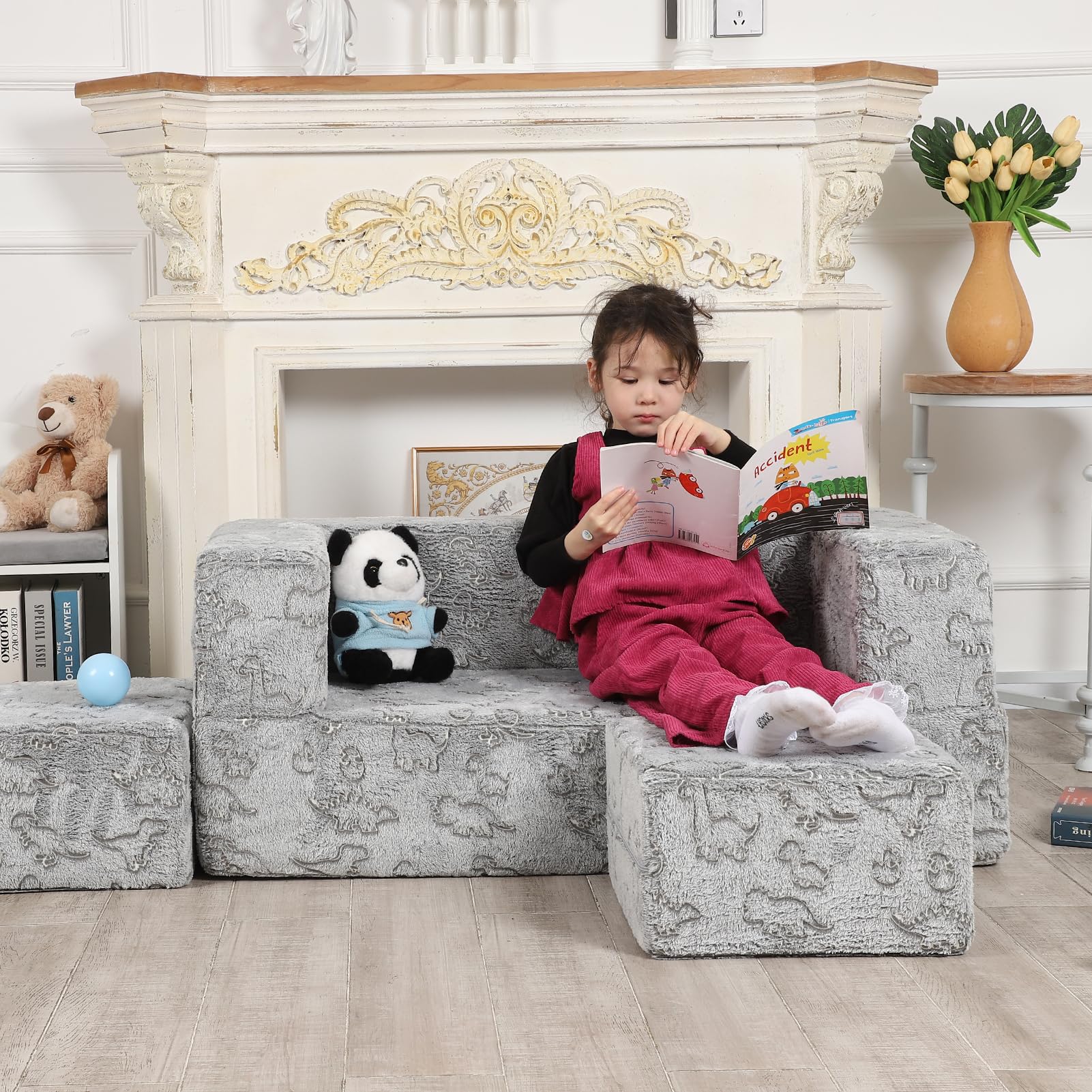 3-in-1 Glow in The Dark Kids Play Couch Set for Toddlers - Foldable Sofa with Storage, Soft Grey Children's Furniture for Playroom, Bedroom & Indoor Playtime