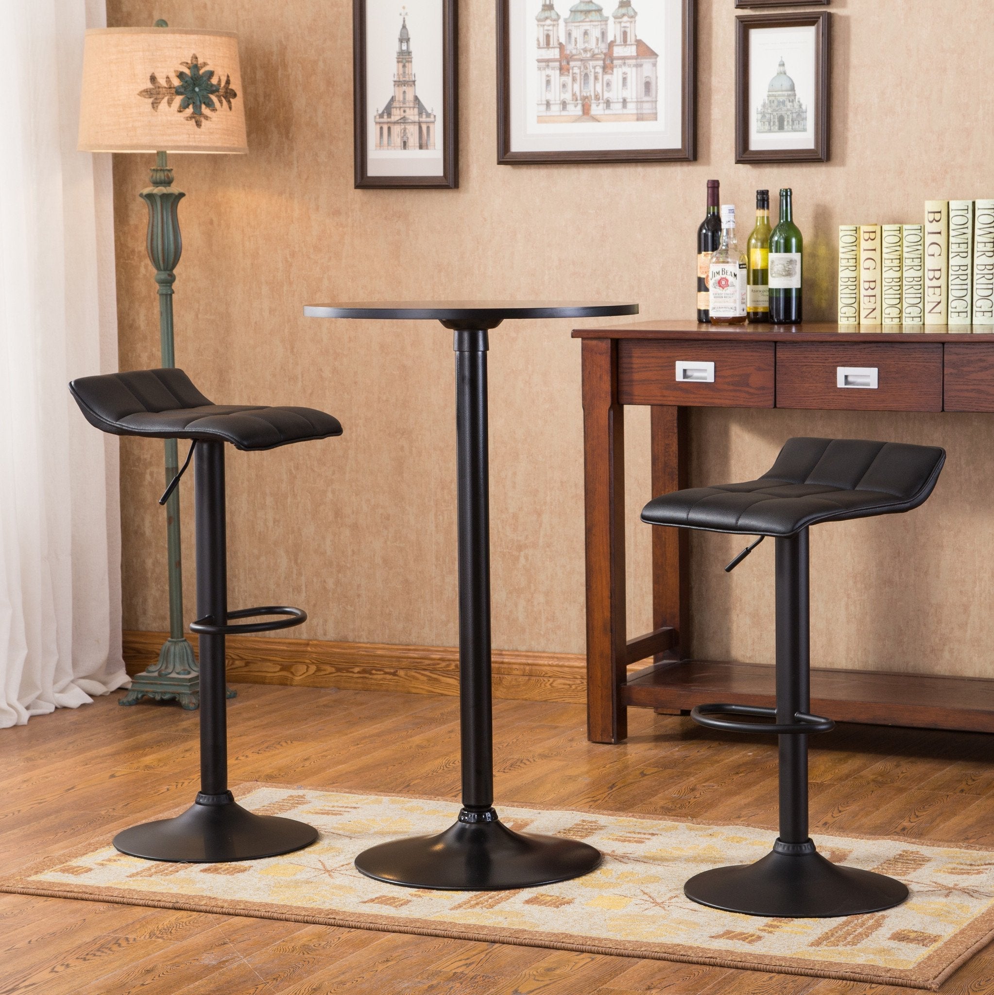 Roundhill Furniture Belham Black Round Adjustable Height 3-Piece Bar Table Set with Metal Base - Perfect for Home Bar, Kitchen Island, and Outdoor Patio Dining