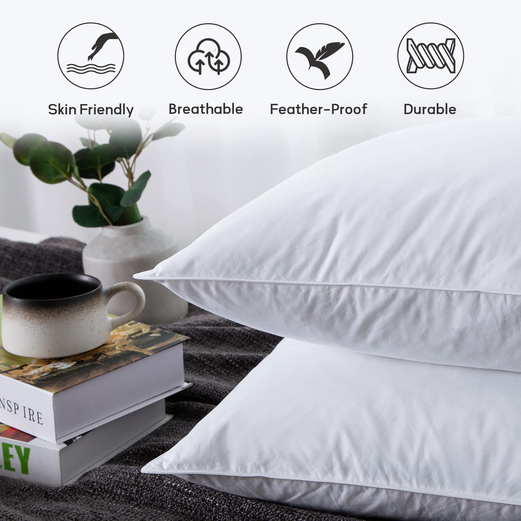 Joysoul Soft Standard Bed Pillows - Feather & Down Pillow Insert with 100% Breathable Cotton Cover - 20x26 Inches - Hotel Quality Sleeping Pillows for Side, Back & Stomach Sleepers - Perfect for Bedroom, Guest Room & Travel