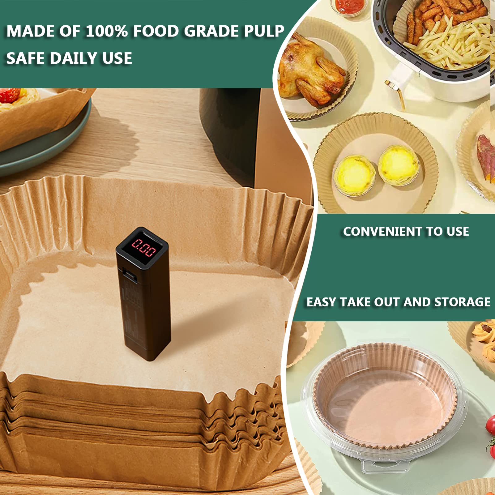 100-Pack Silicone Air Fryer Liners 7.9 Inch - Non-Stick, Oil & Water Proof Baking Sheets for Healthy Cooking | Perfect for Chicken Wings, French Fries & Vegetables