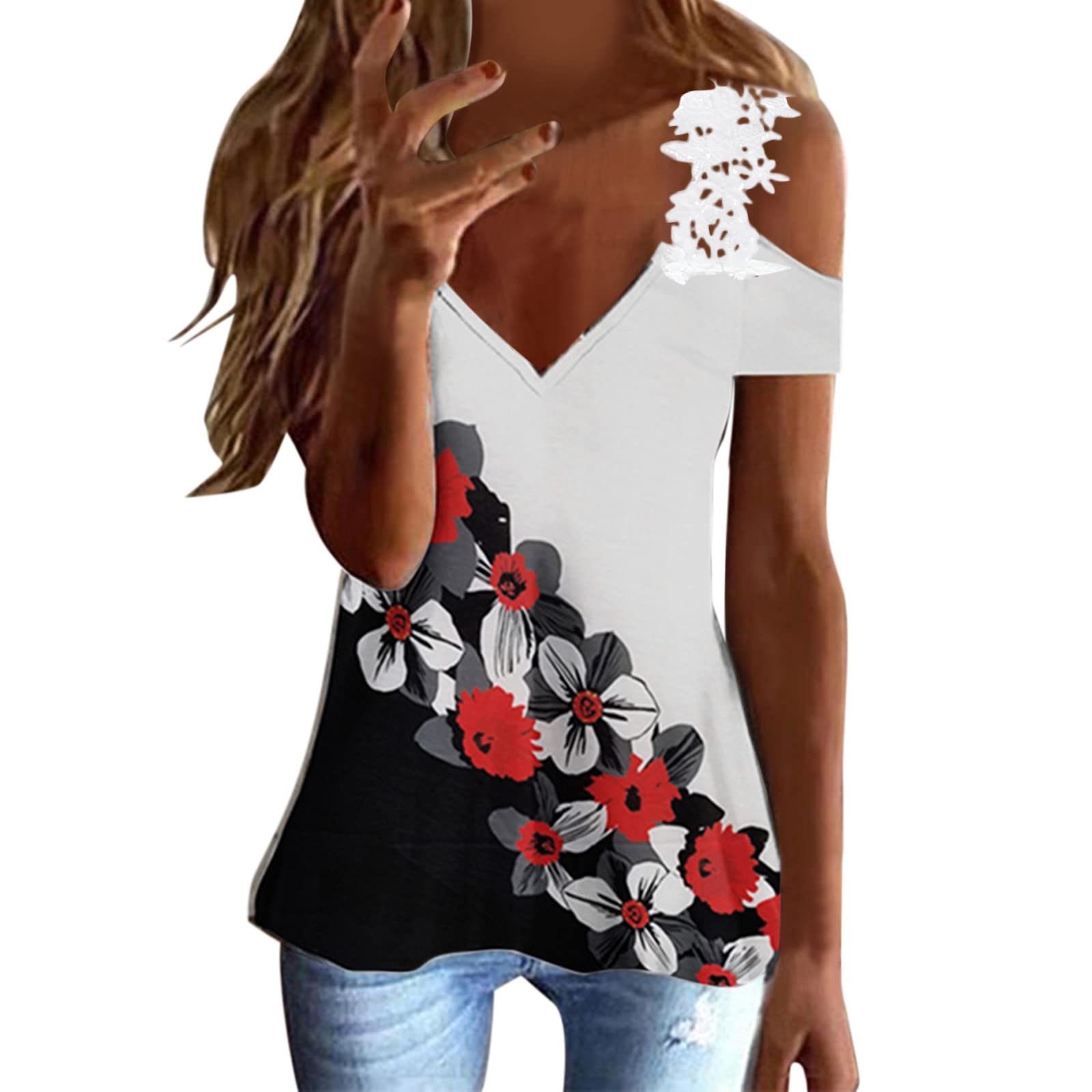 Sexy V-Neck Lace Blouse for Women - Summer Printed Mock Neck Tops | Perfect for Date Night, Office Wear & Casual Outfits