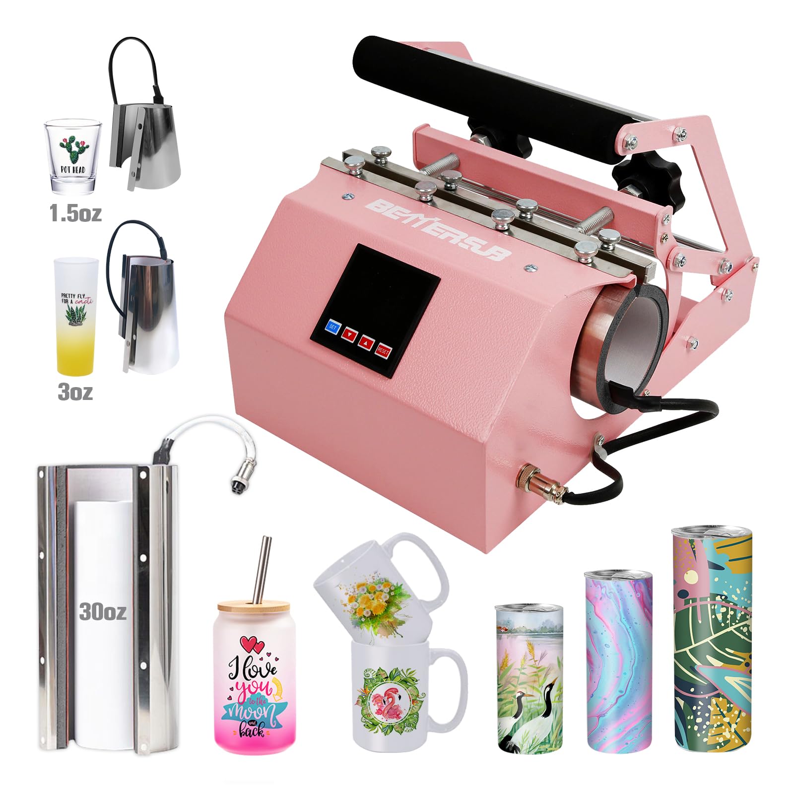 BetterSub 3-in-1 Sublimation Heat Press Machine for 11oz-30oz Tumblers, Mugs & Shot Glasses - Perfect for DIY Custom Drinkware, Gifts & Small Business (Pink)