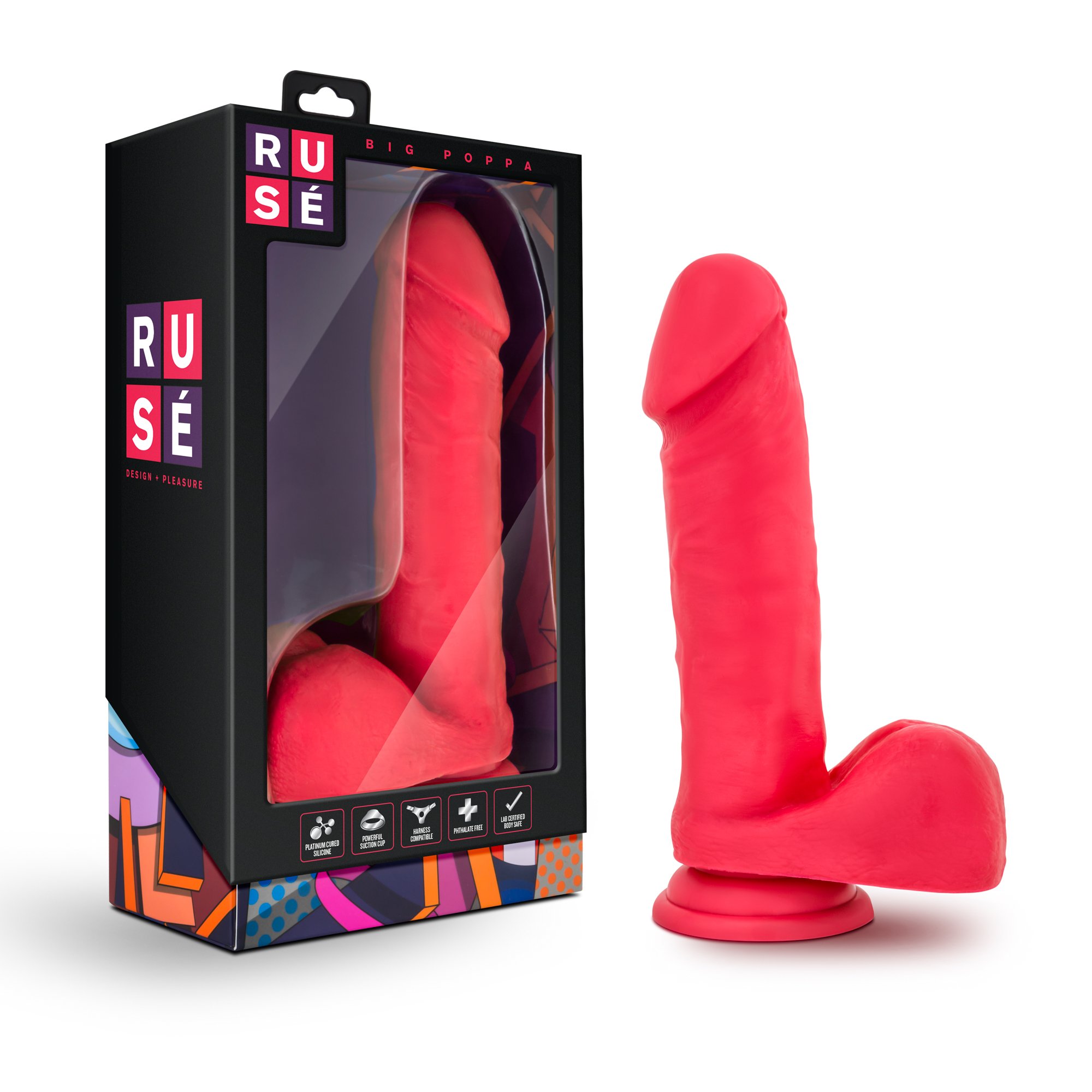 Blush Novelties Ruse Big Poppa 8 Inch Realistic Dildo with 2 Inch Thickness - Soft Purio™ Liquid Silicone, Satin Smooth Ultrasilk Finish - Strong Suction Cup Base for G-Spot & Anal Stimulation - Body-Safe Sex Toy for Women & Couples - Vibrant Cerise Color - Perfect for Solo Play, Couples Fun & BDSM Exploration