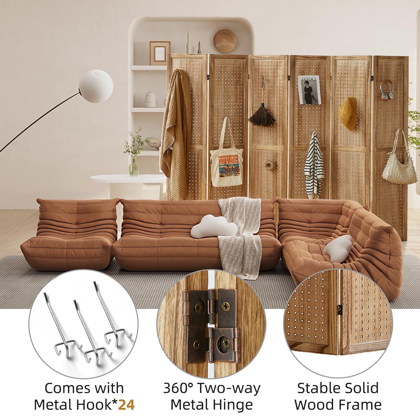 24-Hook Pegboard Display & 6-Panel Folding Room Divider - 5.6Ft Portable Privacy Screen, Freestanding Wooden Wall Organizer for Bedroom, Office & Reading Room - Natural Finish | Perfect for Home Organization & Space Division