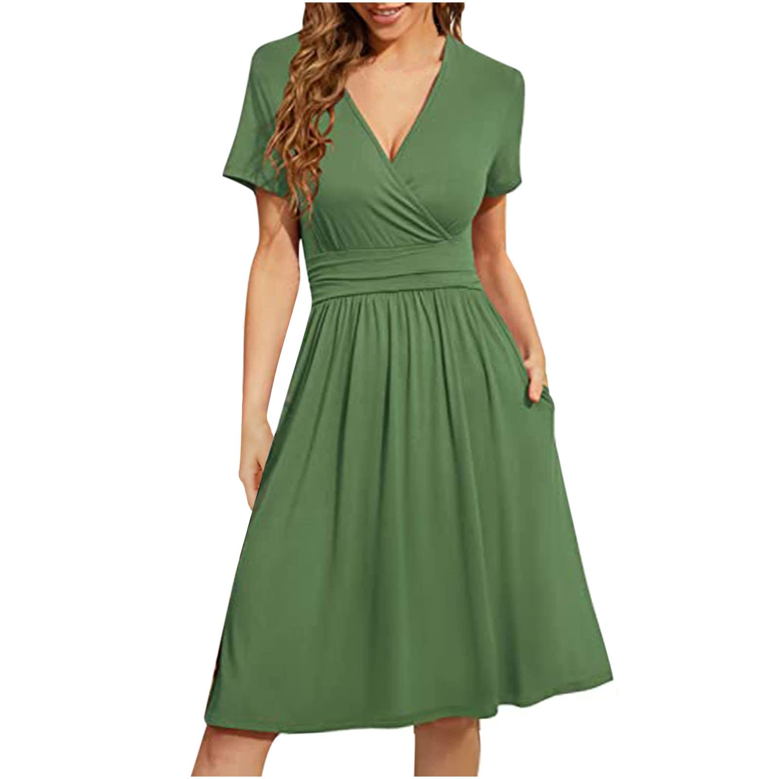 Women's Summer Short Sleeve Casual Floral V-Neck Dress with Pockets - Perfect for Beach Outings, Garden Parties & Daily Wear