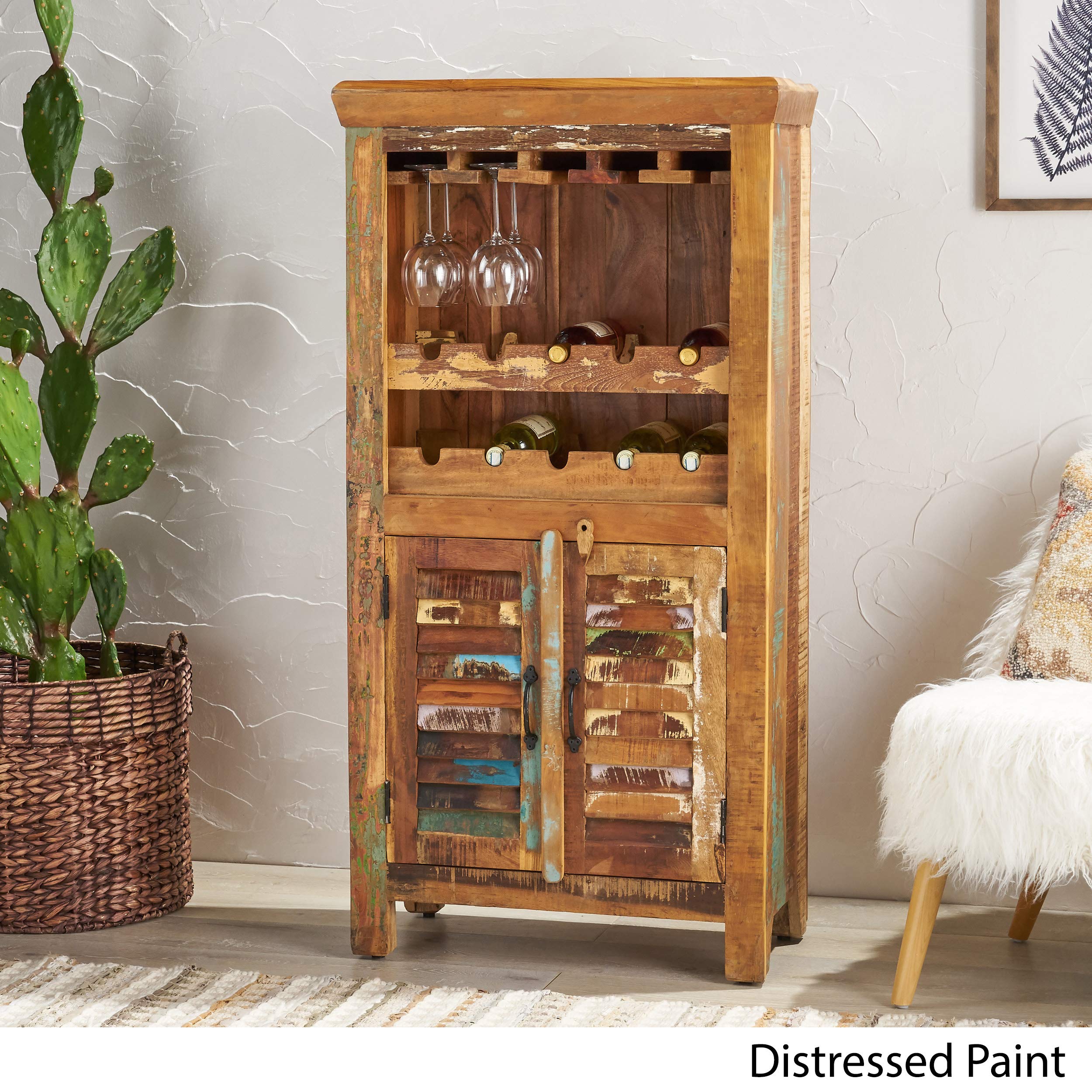 GDFStudio Sandy Wooden Bar Cabinet with Distressed Paint Finish - Rustic Home Bar Furniture for Living Room, Dining Room or Man Cave