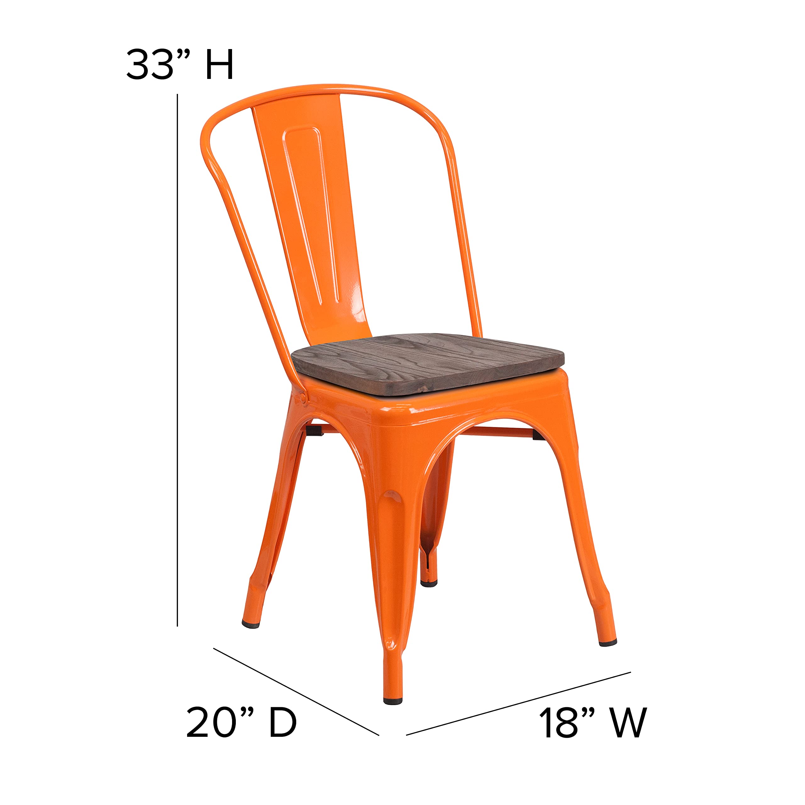 Merrick Lane Amsterdam Metal Chair - Orange Textured Wooden Seat Dining Chair with Slatted Curved Back - Perfect for Kitchen, Dining Room & Outdoor Patio Furniture