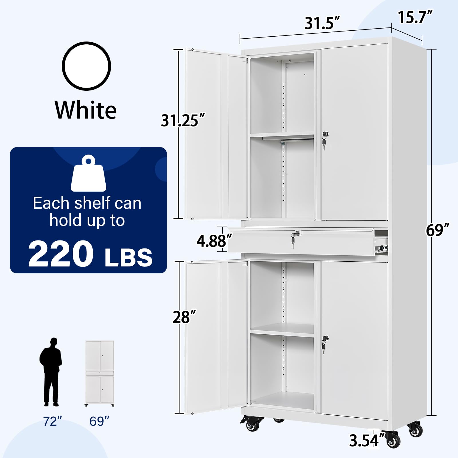 Yizosh Heavy Duty Metal Garage Storage Cabinet with Locking Doors & Adjustable Shelves - 73